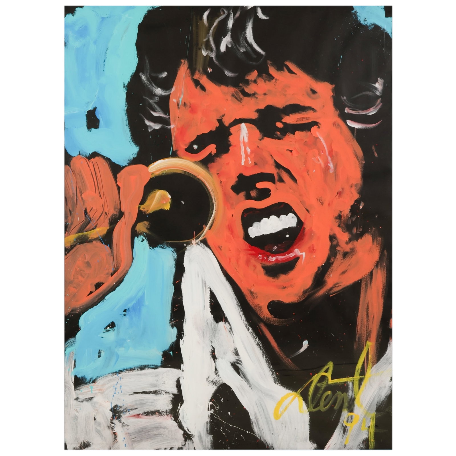 Denny Dent 1948-2004 "Elvis Presley" 1994 Painting: Denny Dent (American, 1948-2004), acrylic on paper painting depicting Elvis Presley rendered in the artist's signature energetic Neo-Expressionist style, featuring bold gestural brushwork and vivid co