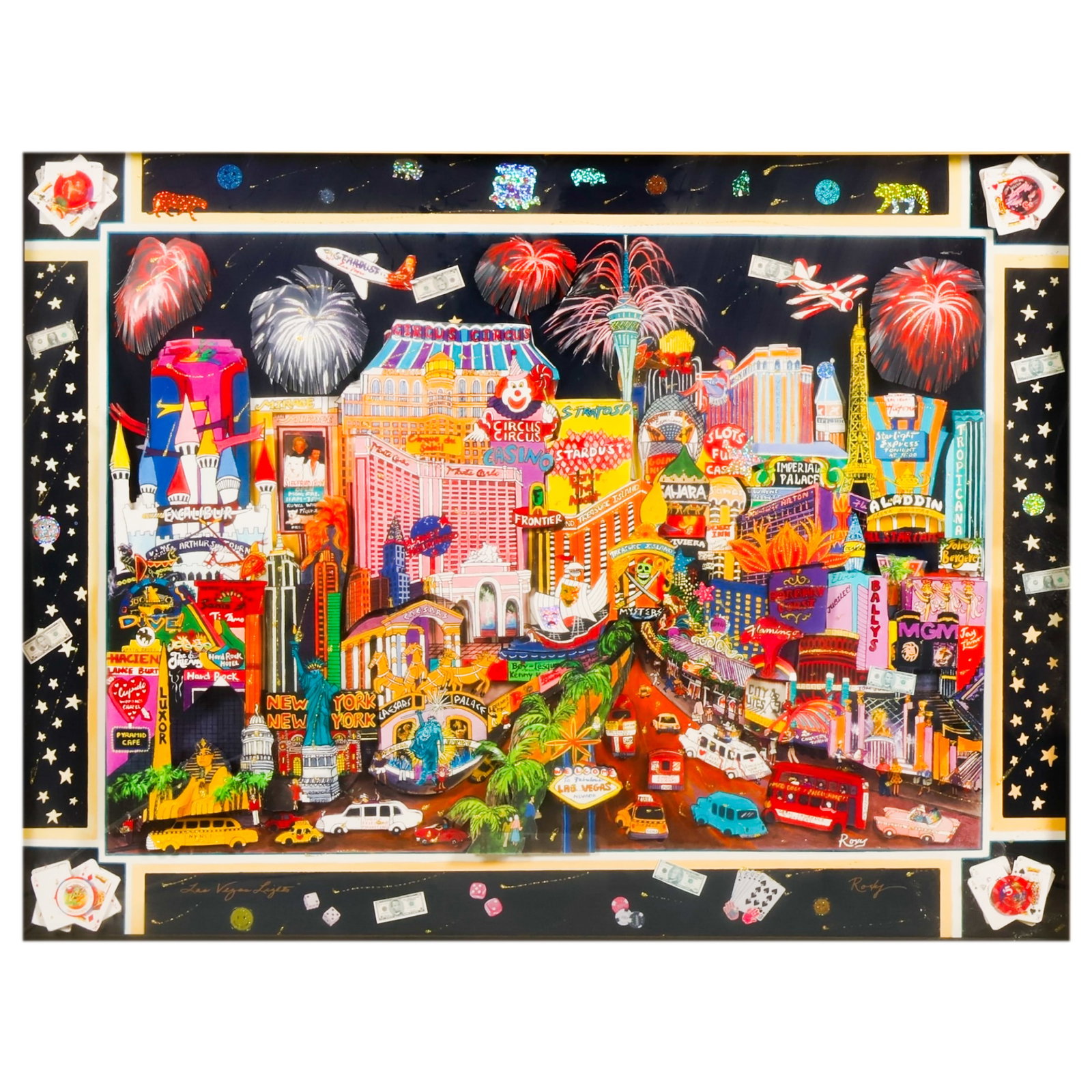 Roxy b.1940 Las Vegas Nights Casino Strip 3-D Art: Sharie Hatchett Bohlmann "ROXY" (American, born 1940), Las Vegas Nights, colorful 3-D paper lithograph depicting the Las Vegas Strip with casinos, neon signage, fireworks, automobiles, and gaming moti