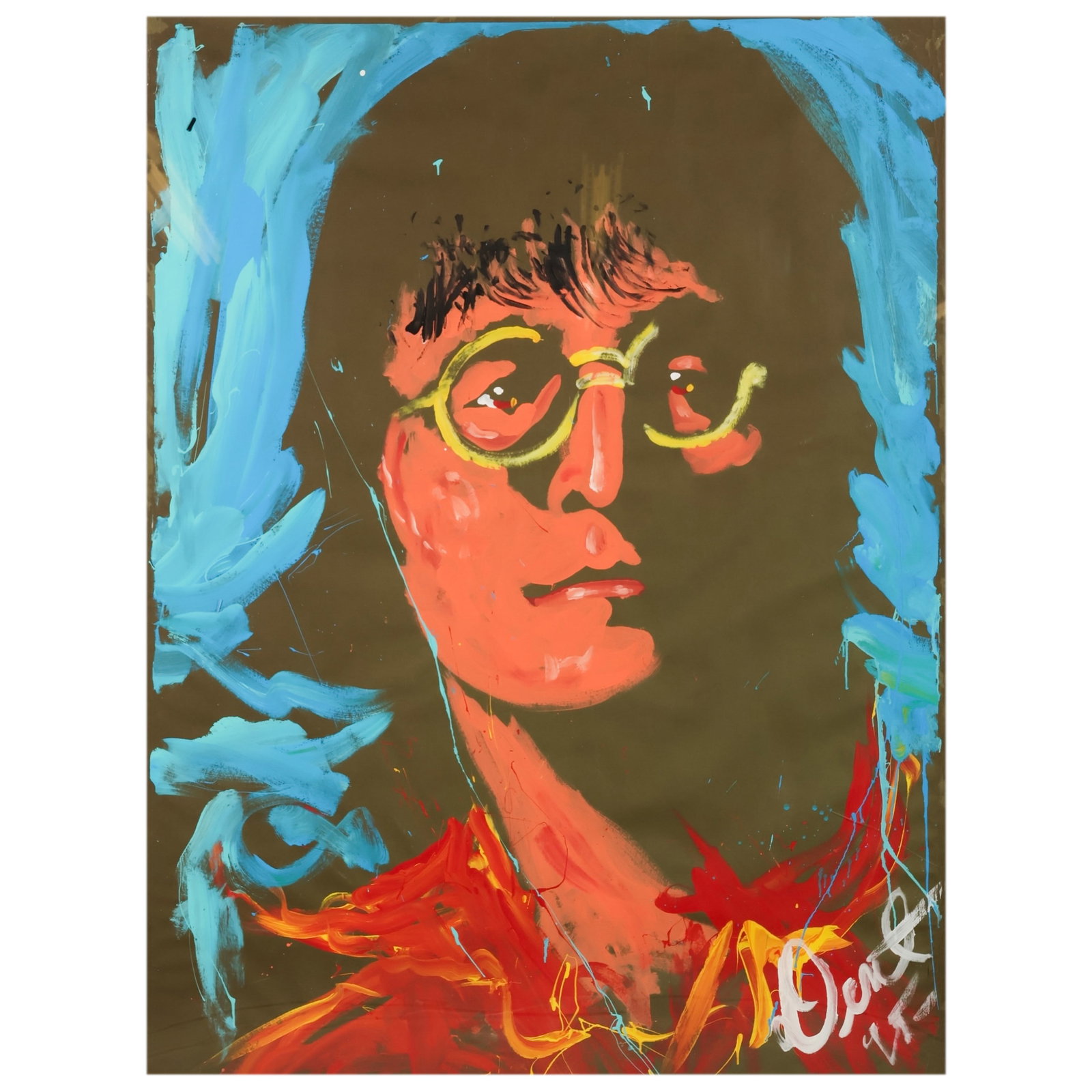 Denny Dent 1948-2004 "John Lennon" 1995 Painting: Denny Dent (American, 1948-2004), acrylic on paper painting depicting John Lennon rendered in the artist's signature energetic Neo-Expressionist style with bold colors and dynamic gestural brushwork. 