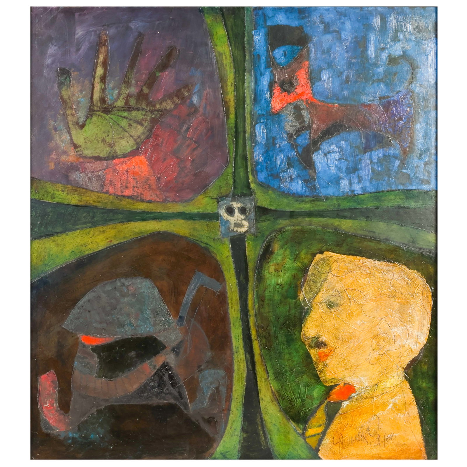 Los Sinoris Humanos Tamayo Style Abstract Painting: Oil painting on masonite titled "Los Sinoris Humanos," depicting an abstract figural composition divided into four segmented panels with surrealist and symbolic imagery including stylized forms, a sku