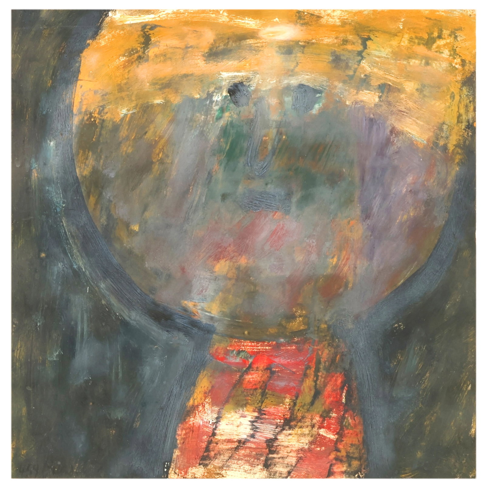 Eugene Brands 1913-2002 Abstract Moon Boy Painting: Eugene Brands (Dutch, 1913-2002), "Boy in the Moon," gouache on paper depicting an expressive stylized face rendered with bold gestural brushwork in dark blue, black, ochre, and muted red tones. The c