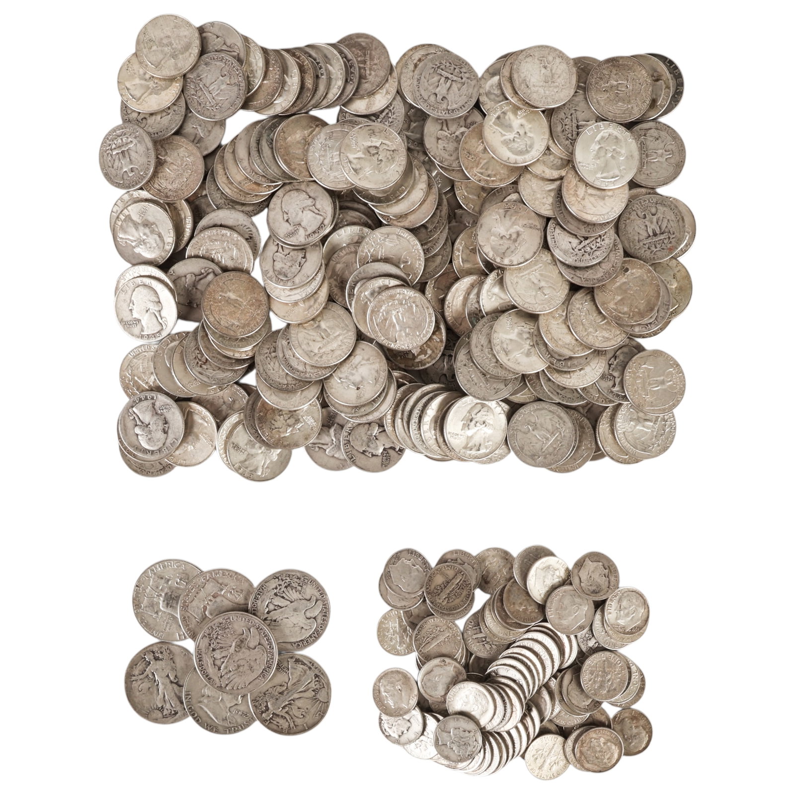 90% US Silver Half Dollars Quarters Dimes Coin LOT: 297-piece 90% U.S. Silver Coin Lot Including Half Dollars, Washington Quarters, and Roosevelt Dimes, all dated 1964 or earlier. The lot consists of seven half dollars with a $3.50 face value weighing 