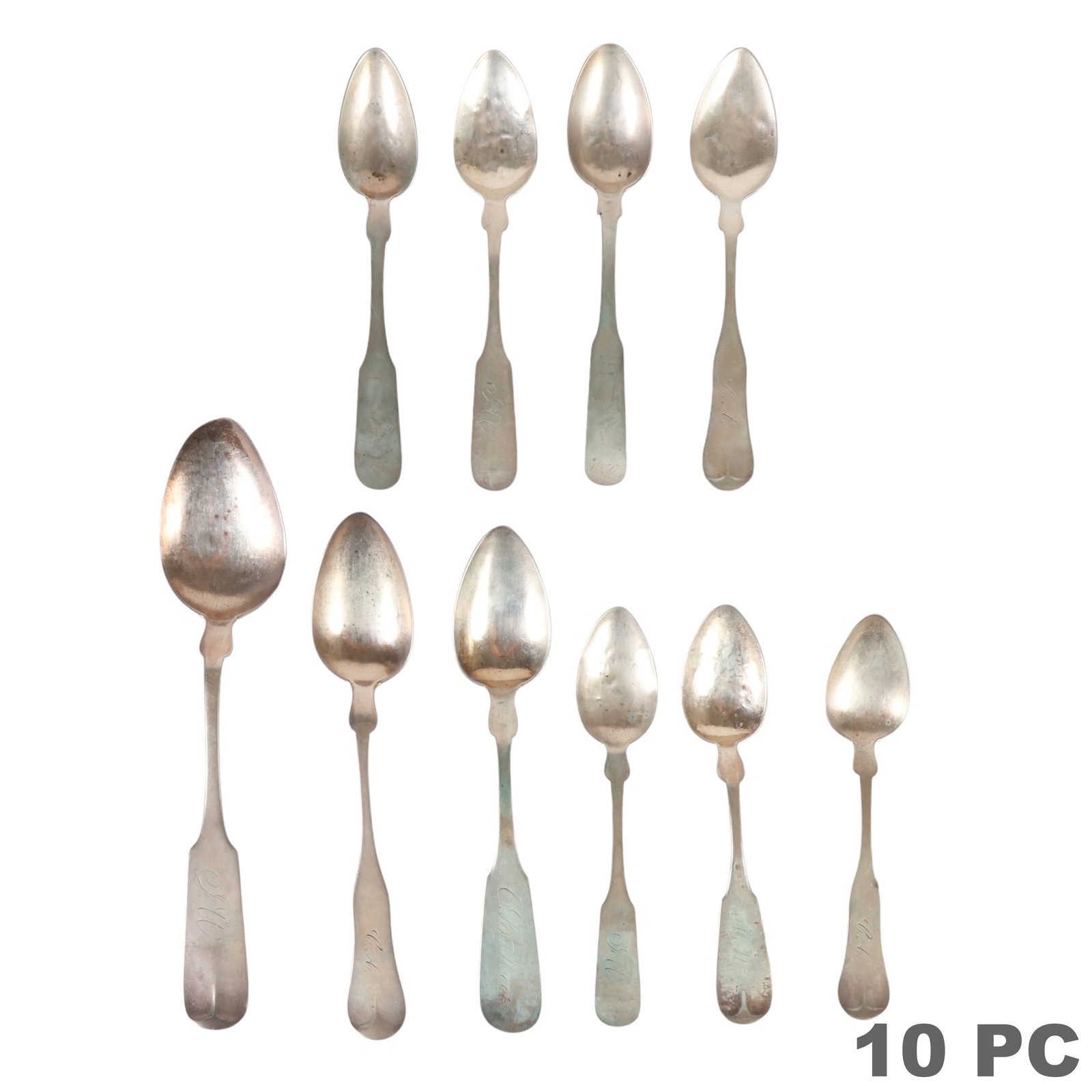 Antique Early American Coin Silver Spoons 10pc LOT: Ten-piece coin silver spoon lot. The collection includes assorted early American coin silver serving and tablespoon examples with various monograms and engraved initials to the handles. The lot includ