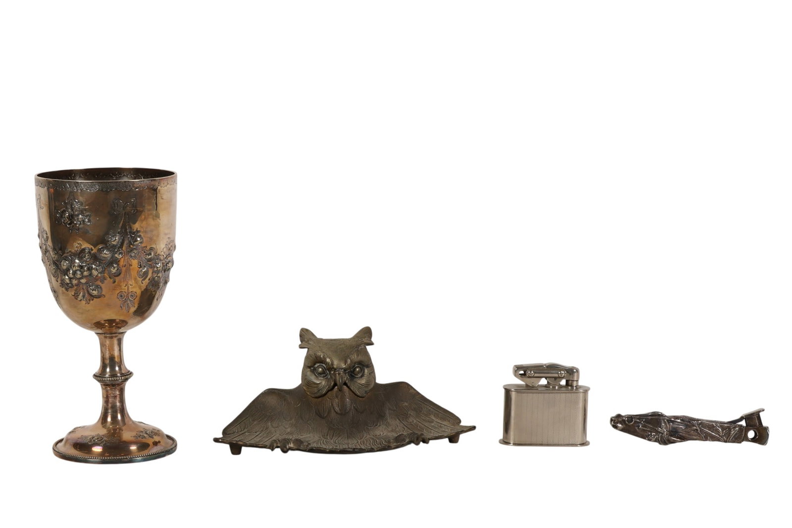 Chalice Owl Inkwell Lighter Horse Cigar Cutter LOT: Four-Piece Decorative Accessories Lot, including a silver plate floral repousse chalice or goblet with no apparent maker's marks, an owl-form figural inkwell numbered "4526" to the underside, a chrome