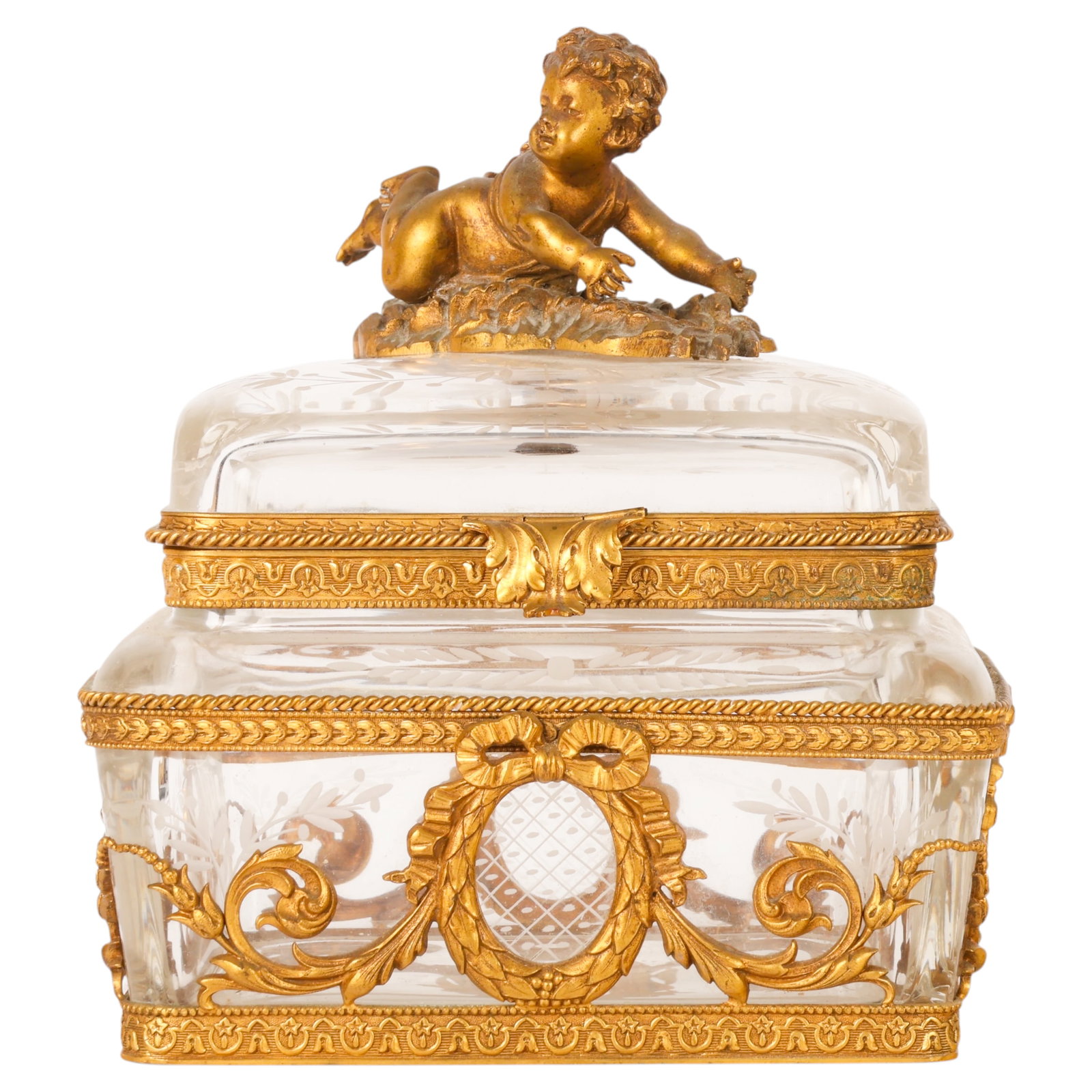 French Bronze Mounted Engraved Crystal Casket Box: Antique French Empire-style engraved crystal box or jewelry casket featuring ornate gilt bronze ormolu mounts and a reclining cherub finial to the lid. The hand-cut crystal body is decorated throughou