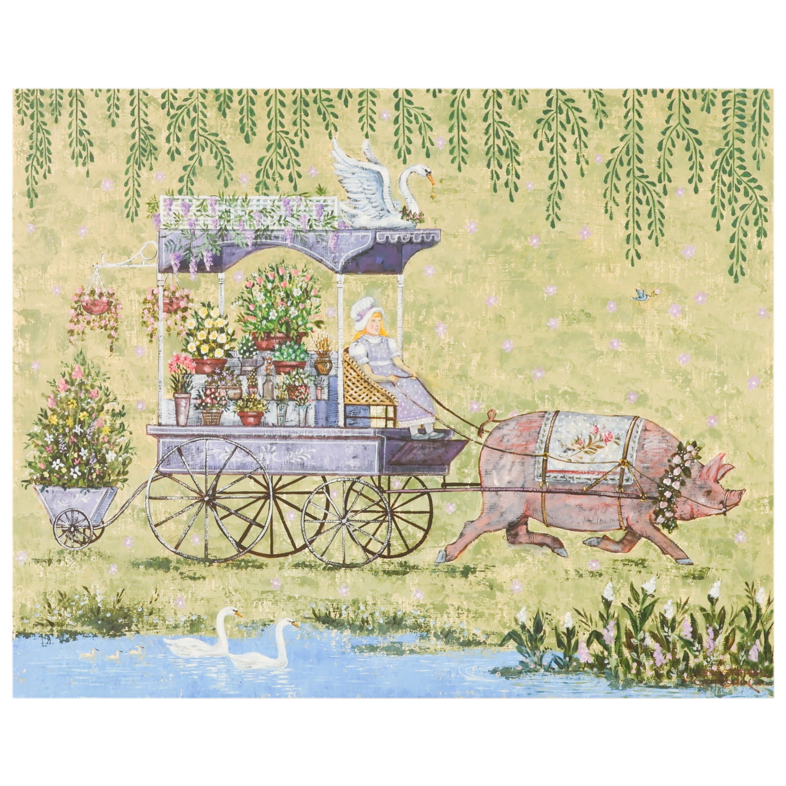 Christopher Gurshin b.1945 Alice and Pig Painting: Christopher Gurshin (American, born 1945), Alice of Winchester, folk art acrylic on canvas depicting a flower cart pulled by a pig, carrying a seated female figure beneath a canopy surmounted by swan 