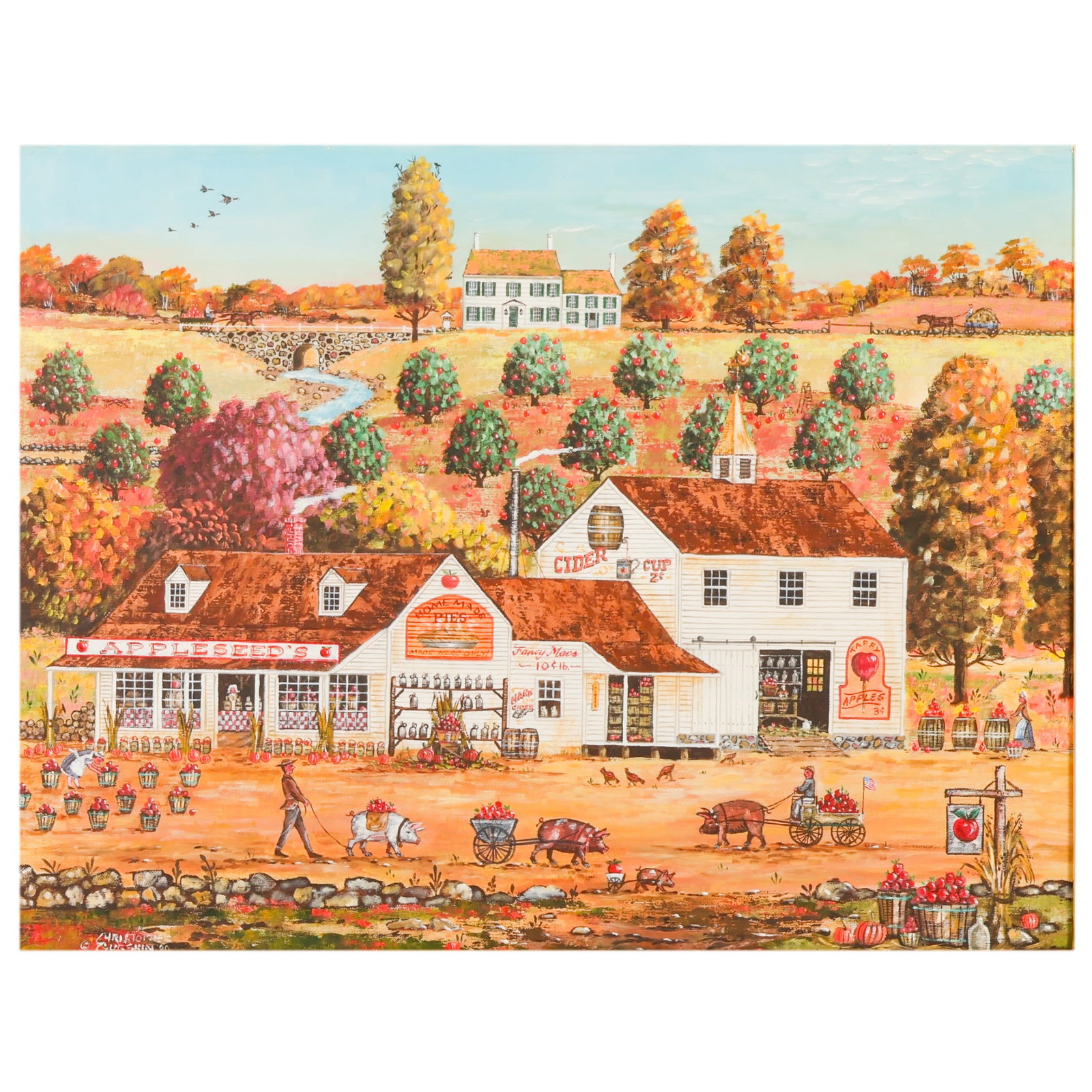 Christopher Gurshin b.1945 Appleseed Farm Painting: Christopher Gurshin (American, born 1945), Appleseed's, acrylic on canvas depicting an orchard and farm market identified as "Appleseed's," with apple trees, agricultural buildings, produce stands, ho
