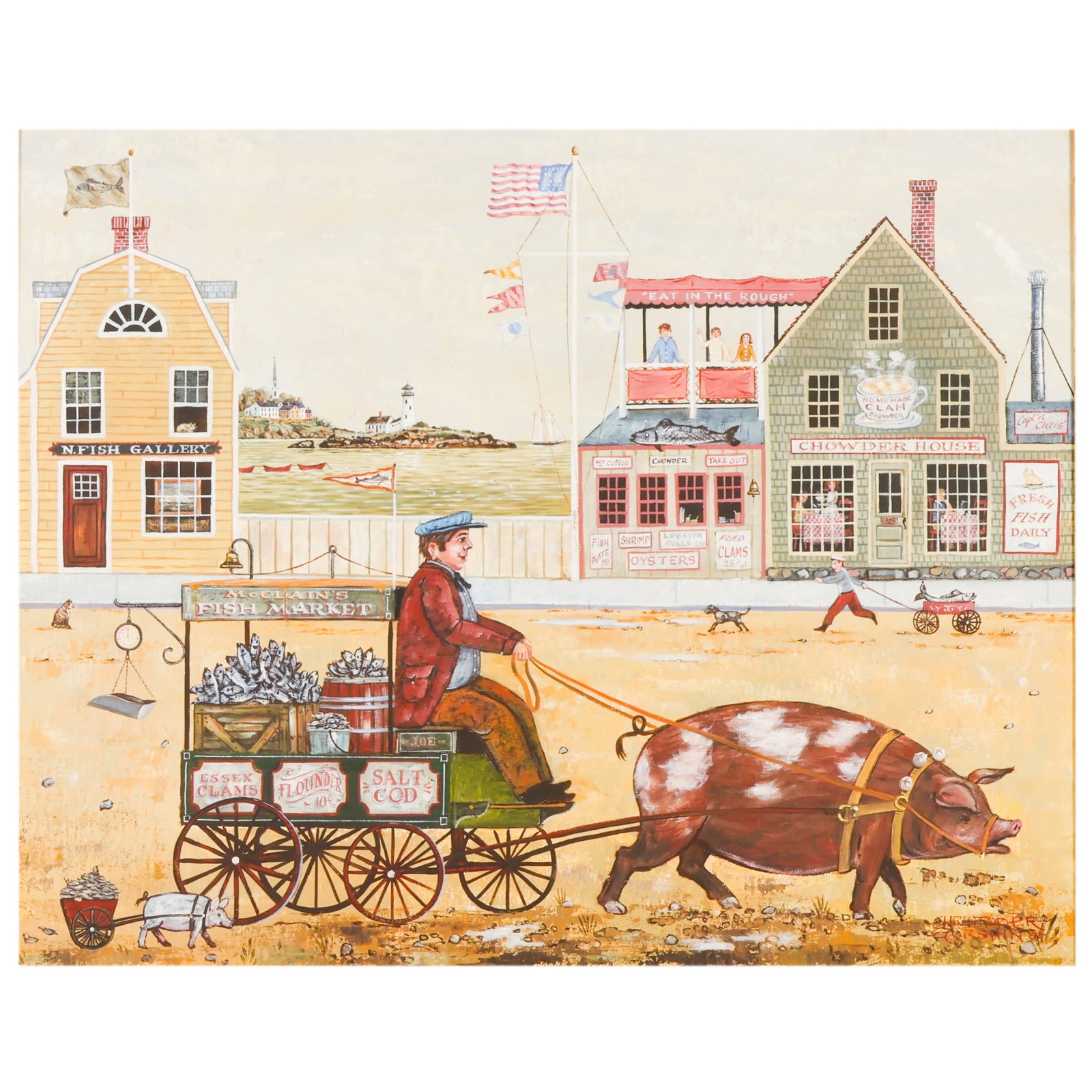 Christopher Gurshin b.1945 Chowder House Painting: Christopher Gurshin (American, born 1945), Chowder House Cove, acrylic on canvas depicting a whimsical Folk Art coastal harbor scene with a chowder house, fish market, lighthouse, and waterfront activ