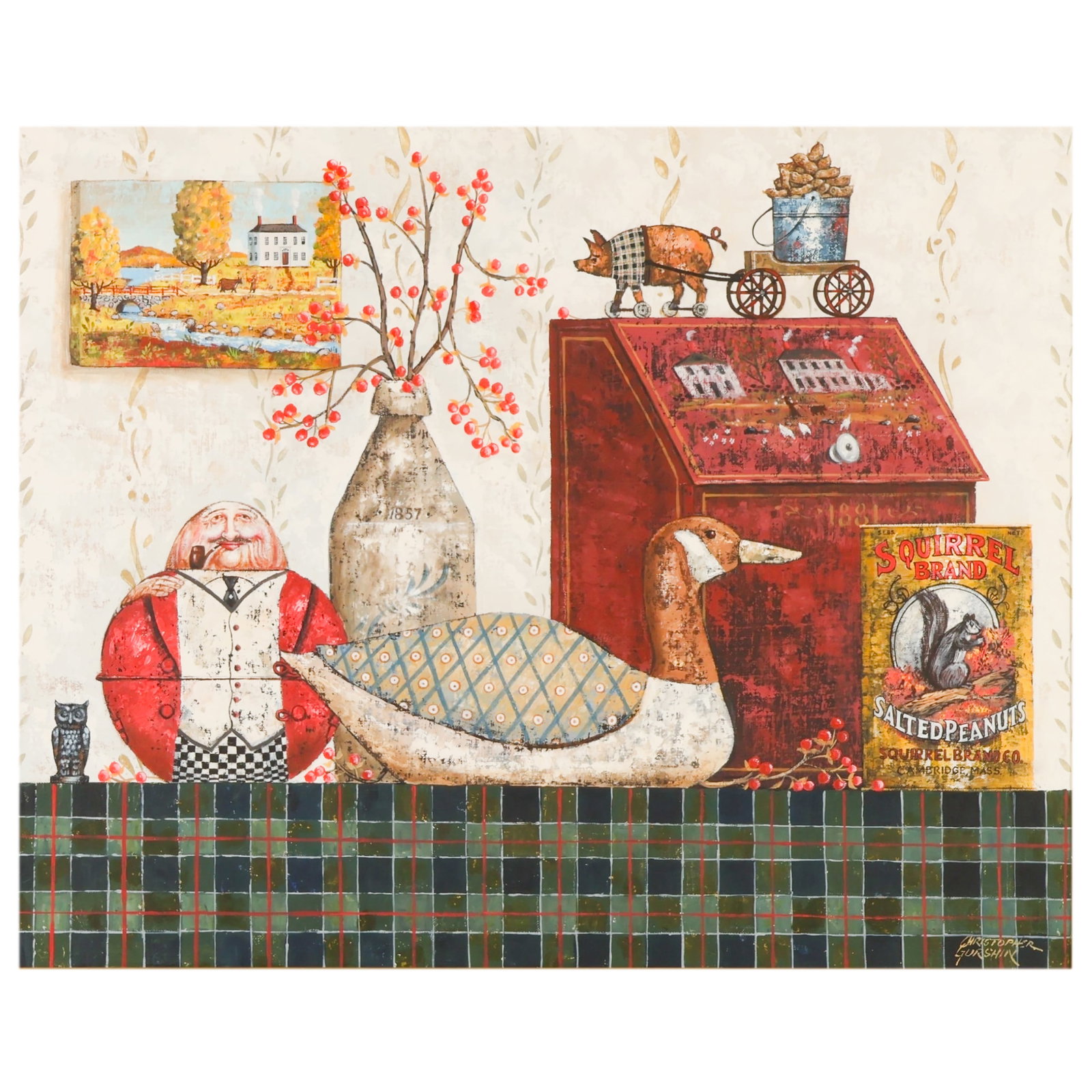 Christopher Gurshin b.1945 Folk Still Life Paintig: Christopher Gurshin (American, born 1945), folk art still life acrylic on canvas depicting a tabletop arrangement with a carved duck decoy, figure, stoneware bottle, berry branches, painted box, wheel