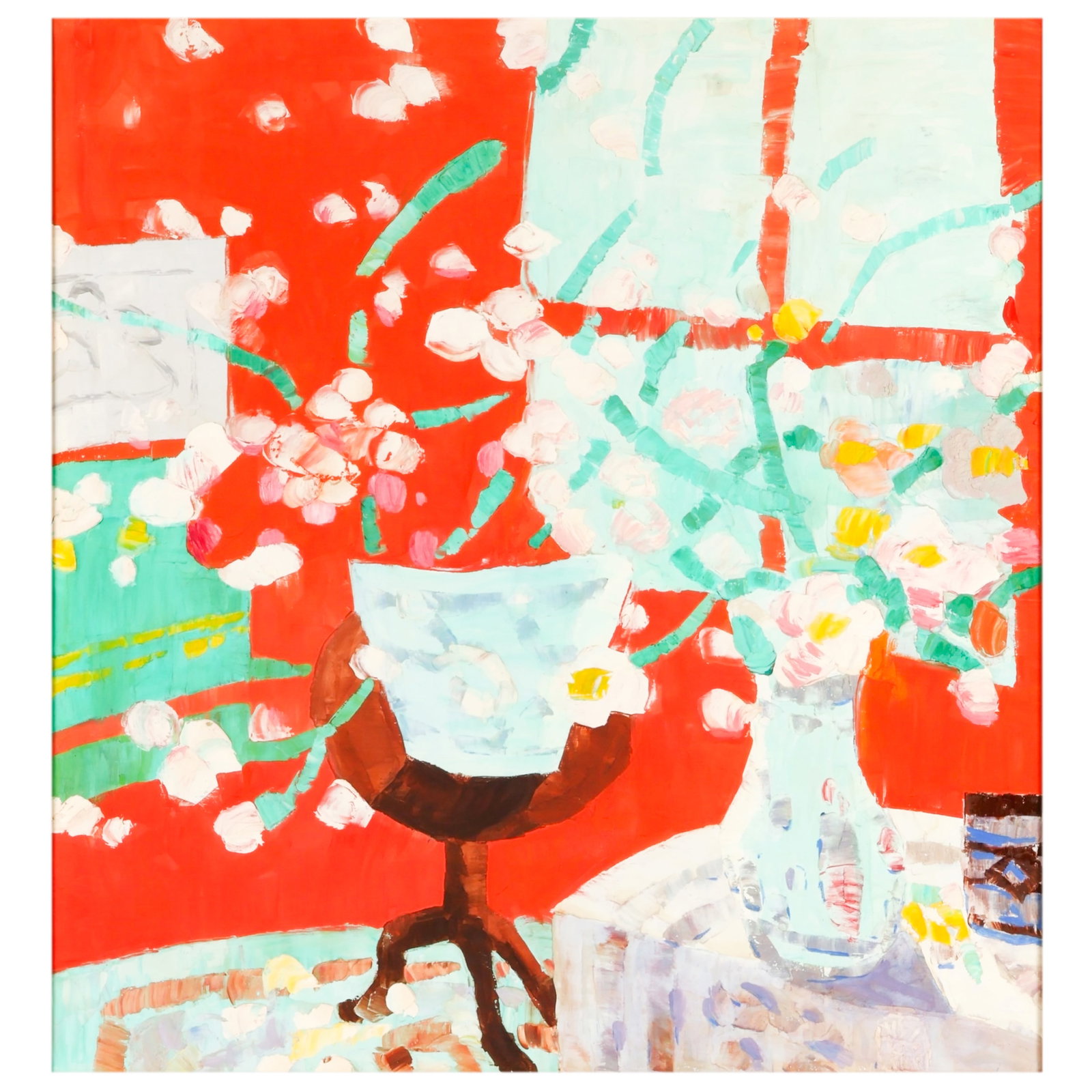 Jen Pang b.1928 Flora Vase Still Life Oil Painting: Jen Pang (Chinese/American, born 1928), oil on canvas still life painting depicting flowering branches arranged in a vase and decorative vessel within an interior setting. Executed in a modernist styl