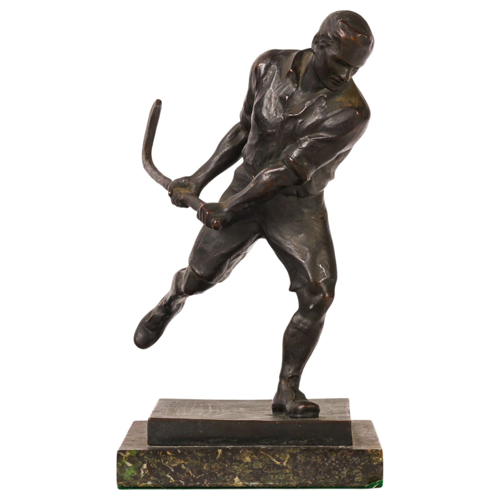 Carl Schwerdtner 1874-1916 Bronze Hockey Player: Carl-Maria Schwerdtner (German, 1874-1916), antique bronze sculpture depicting a hockey player in a dynamic forward-leaning action pose. The figure is modeled with expressive movement and athletic det