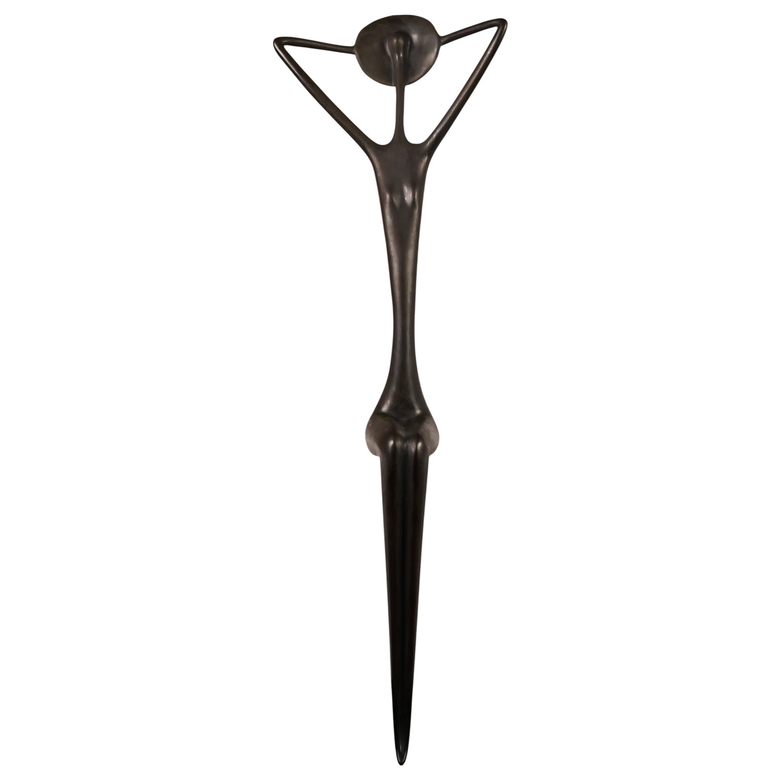 Ruth Bloch b.1951 Bronze Sitter with Hat Sculpture: Ruth Bloch (Israeli, born 1951), limited edition patinated bronze figural sculpture titled Attitude. The work depicts a stylized abstract seated female figure wearing a hat, with elongated limbs and a