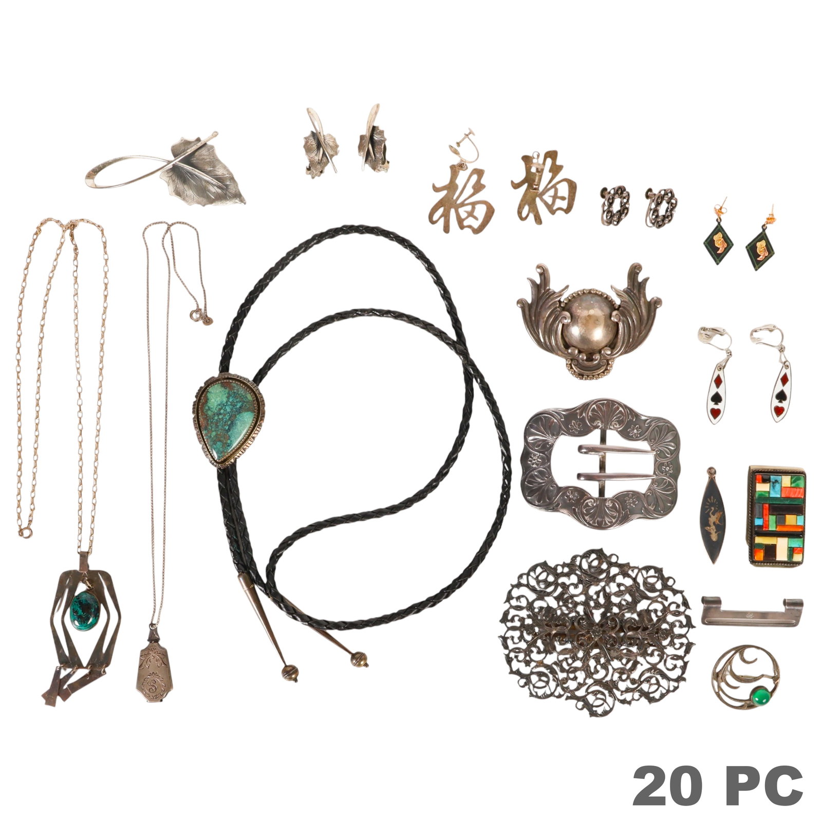 Sterling Silver Earrings Buckle Pins and More 20pc: 20-piece miscellaneous sterling silver and costume jewelry lot including a Southwest style turquoise bolo tie with braided leather cord, mosaic semi-precious stone Southwestern silvered money clip sig