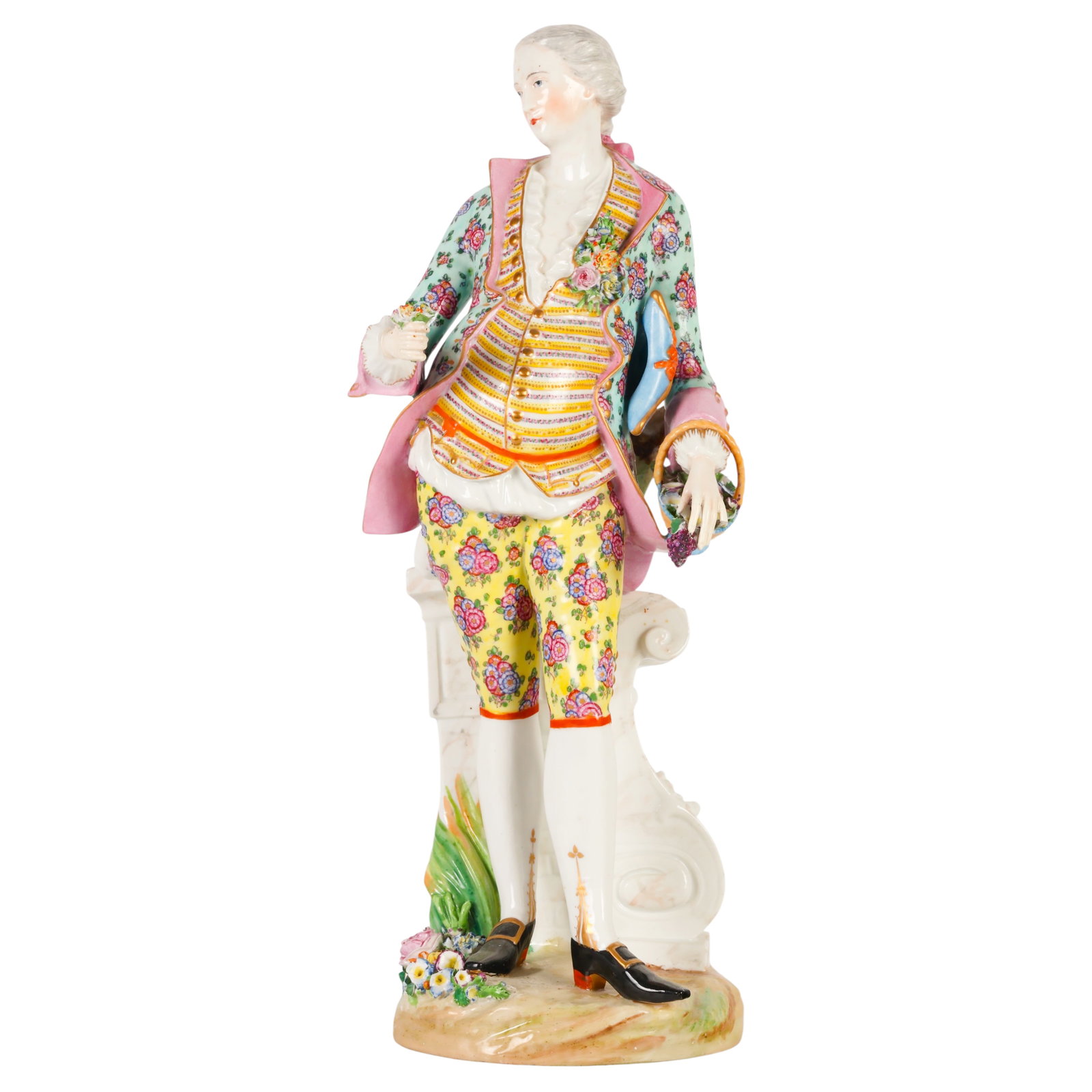 Antique Meissen German Porcelain Figural Sculpture: Antique Meissen German porcelain figurine depicting an 18th-century gentleman holding floral bouquets and standing beside a pedestal. Decorated in polychrome enamels with hand-painted floral motifs an