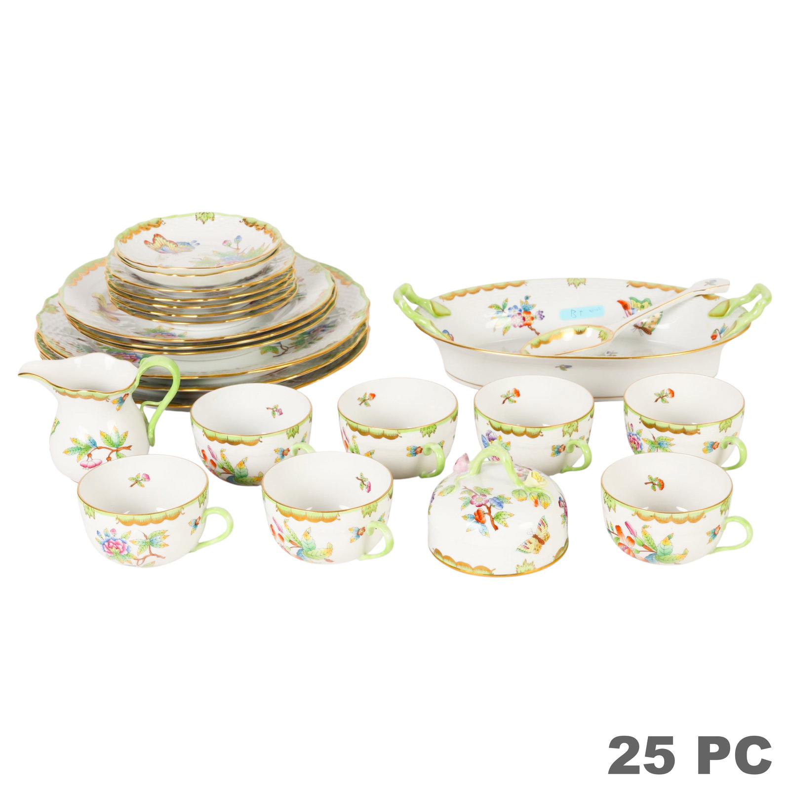 Herend Queen Victoria Porcelain Service Ware 24pc: Herend Queen Victoria twenty-four-piece porcelain serviceware group featuring the pattern's colorful butterflies and stylized peony blossom decoration. Comprising seven coffee or tea cups (2"), five s