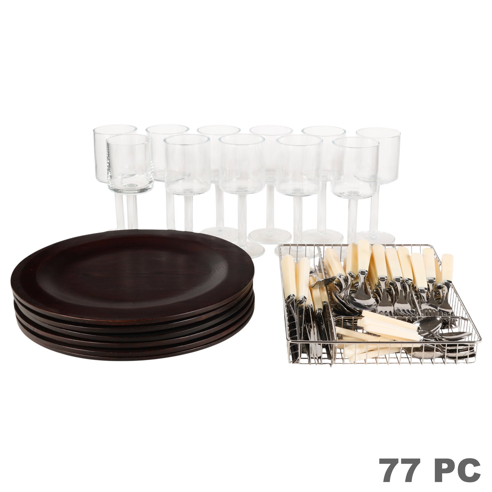 Calvin Klein Flatware, Wine Glasses & Chargers LOT: Designer Calvin Klein dining service collection comprising six dark-stained wooden charger plates, eleven stemmed glasses, and an ivory acrylic-handled stainless steel flatware service for twelve. The