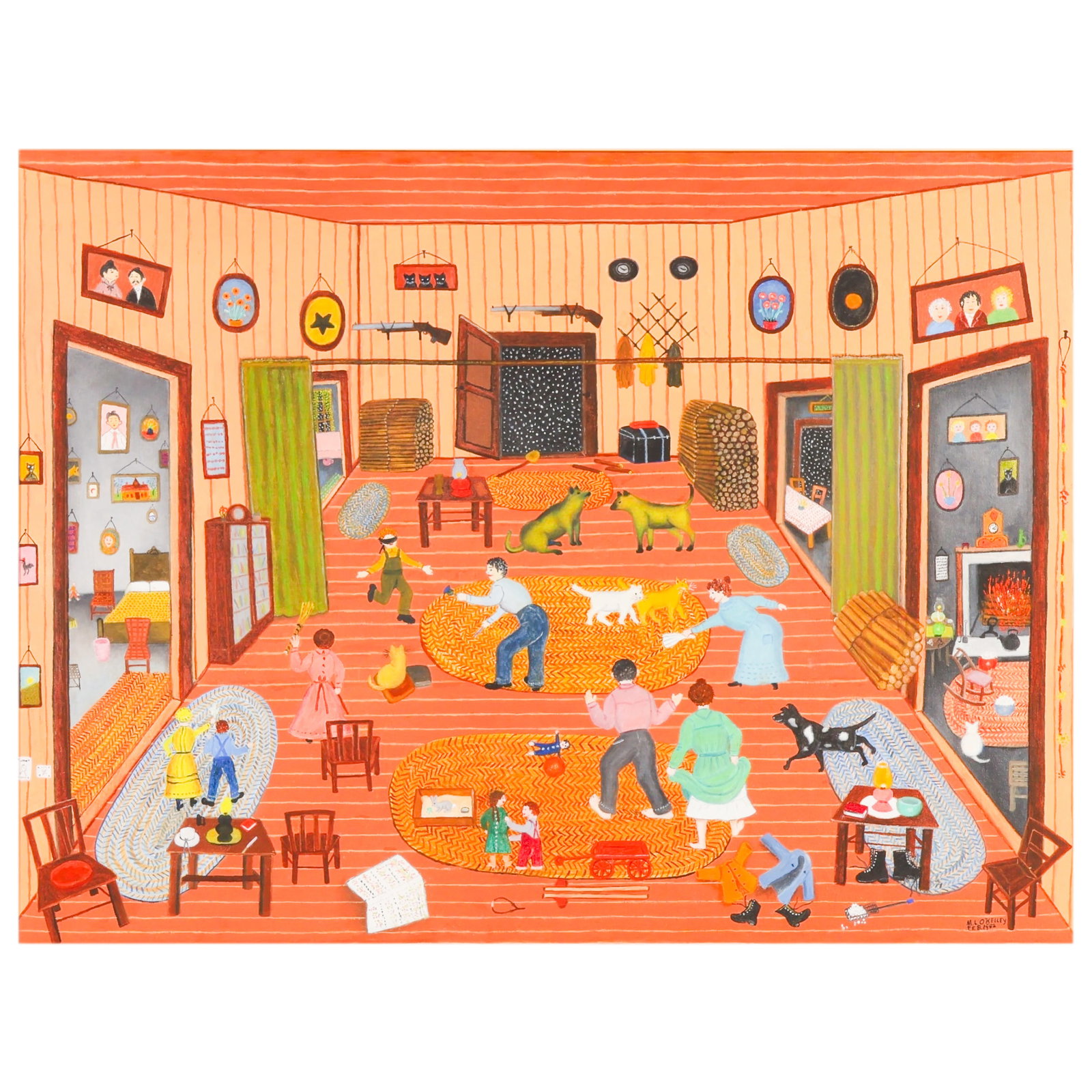 Mattie L. O'Kelley 1908-1997 Folk Art Oil Painting: Mattie Lou O'Kelley (American, 1908-1997), oil on canvas interior genre folk art painting depicting a lively domestic scene within a rural farmhouse. The composition features family members engaged in