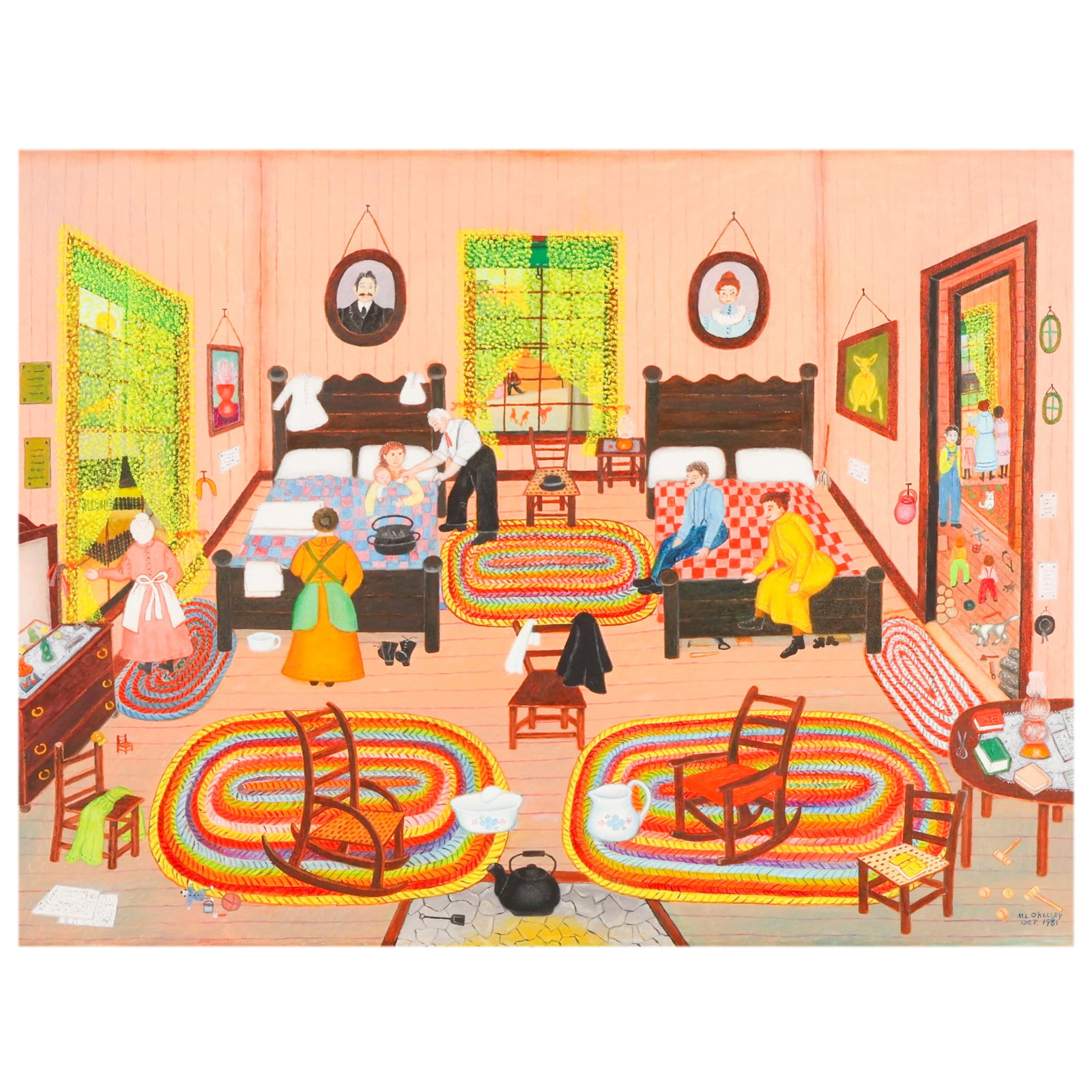 Mattie L. O'Kelley 1908-1997 Folk Art Oil Painting: Mattie Lou O'Kelley (American, 1908-1997), oil on canvas folk art painting depicting a bedroom interior with adults, children, bedsteads, rocking chairs, braided rugs, household furnishings, portraits