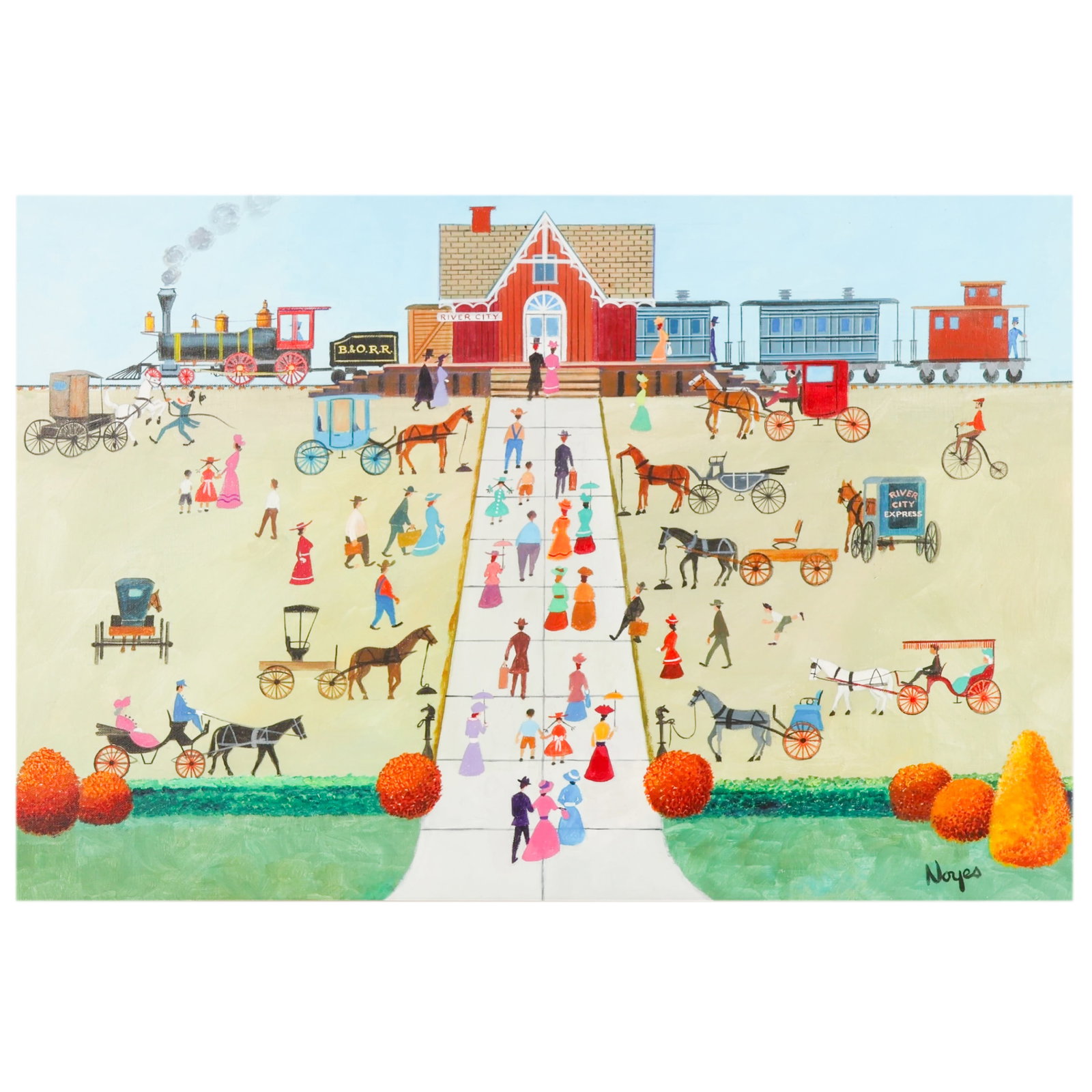 Harold Noyes 1911-2004 Meeting the Train Painting: Harold Noyes (American, 1911-2004), Meeting the Train, acrylic on canvas depicting a colorful American folk art scene of a bustling 19th-century railroad depot with townspeople gathered to greet an ar