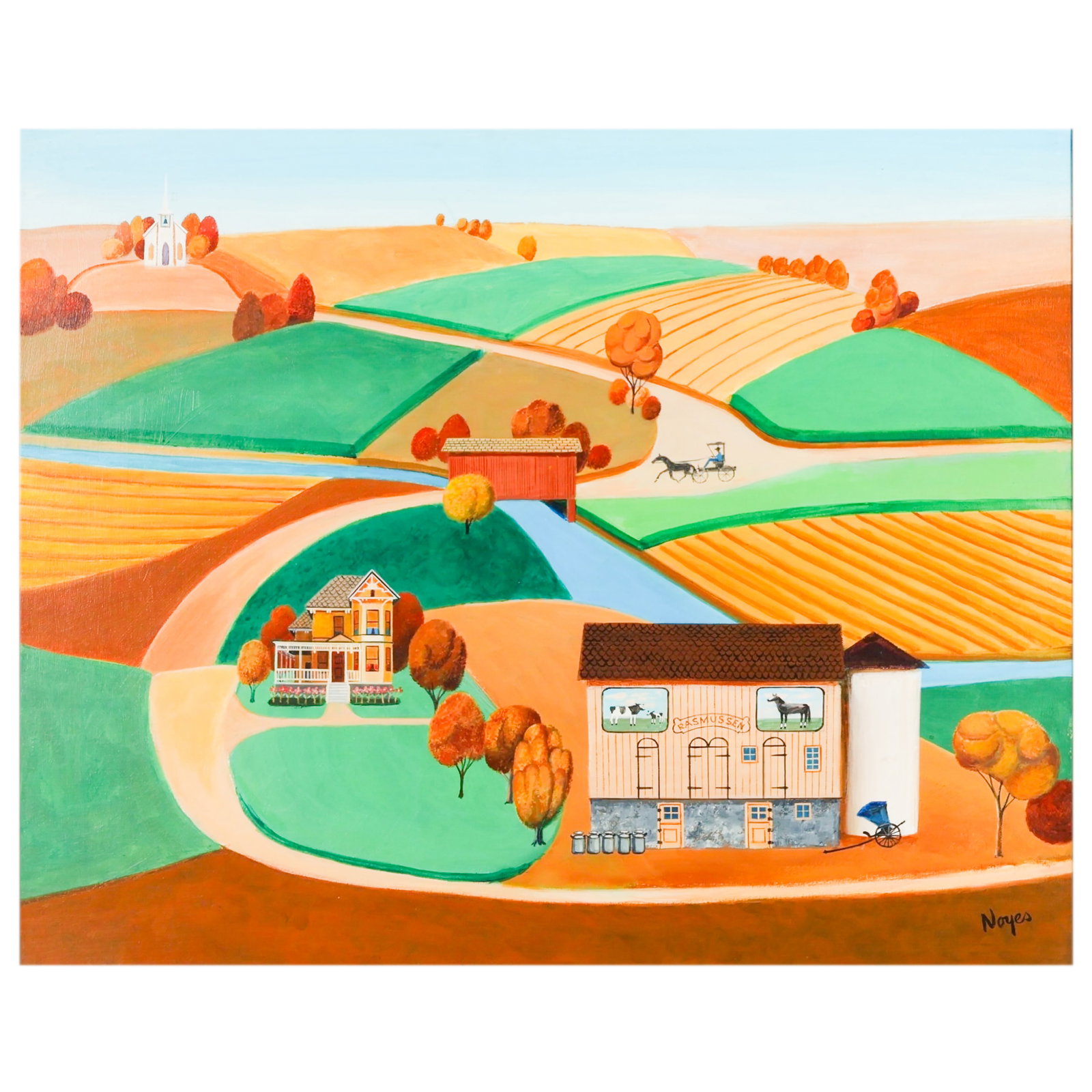 Harold Noyes 1911-2004 Rasmussen Farm Oil Painting: Harold Noyes (American, 1911-2004), The Rasmussen Farm, oil on canvas folk art painting depicting a Midwestern farmstead landscape with farmhouse, barn, silo, covered bridge, church, horse-drawn buggy