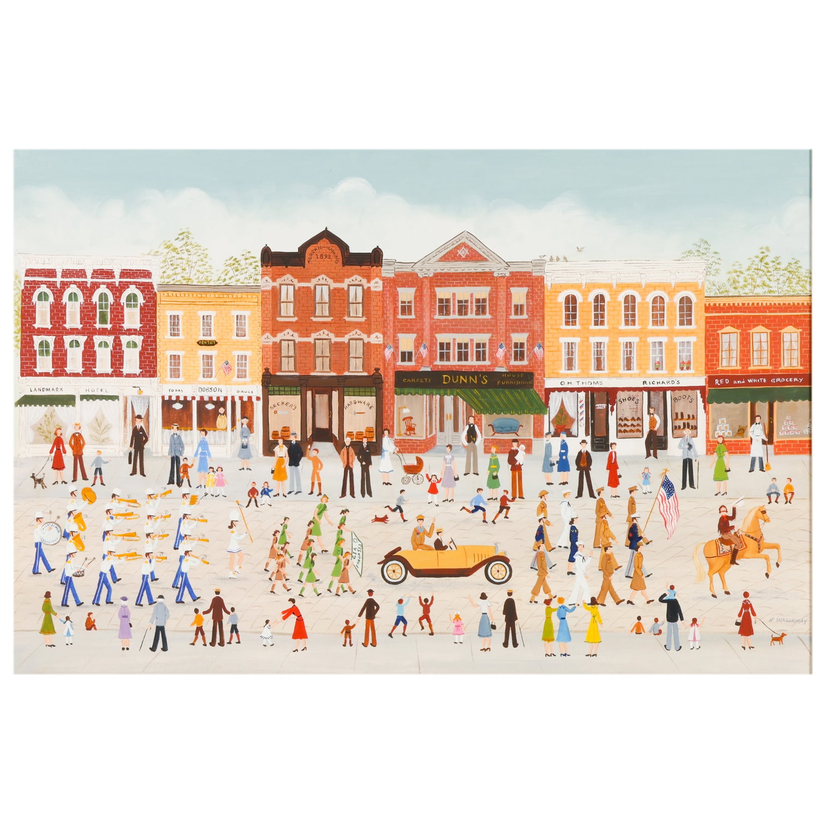 Helen Smagorinsky 1933-2020 Parade Scene Painting: Helen Fabi Smagorinsky (American, 1933-2020), acrylic on canvas depicting a Main Street parade scene with historic commercial buildings, storefronts, marching band members, military personnel carrying