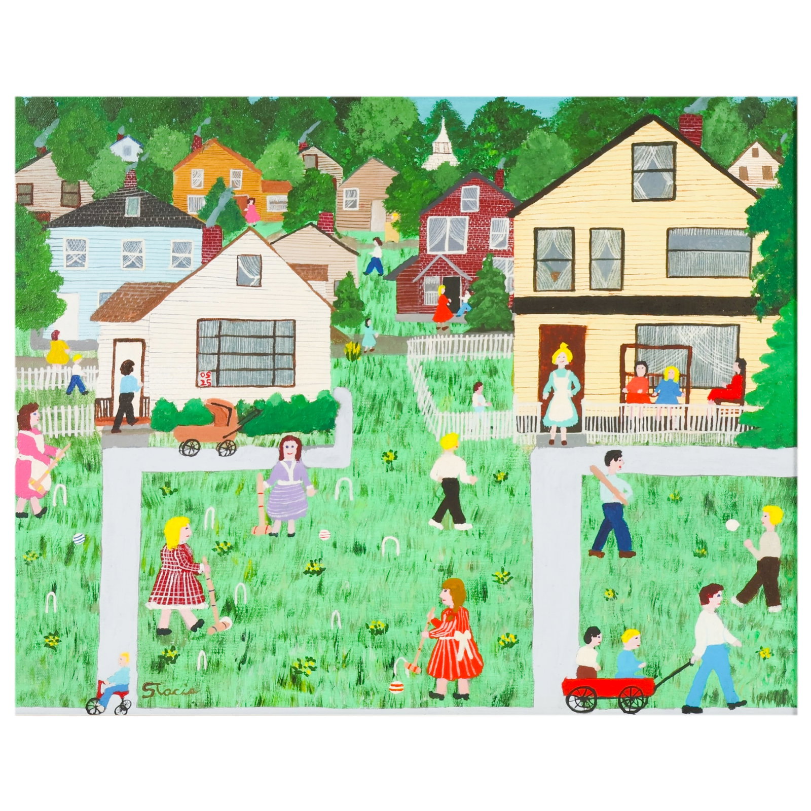 Anastasia Stacia Lane 1919-2015 Croquet Painting: Anastasia M. "Stacia" Lane (American, 1919-2015), acrylic on canvas folk art painting titled "Croquet," depicting figures engaged in a croquet game within a residential neighborhood setting. Executed 
