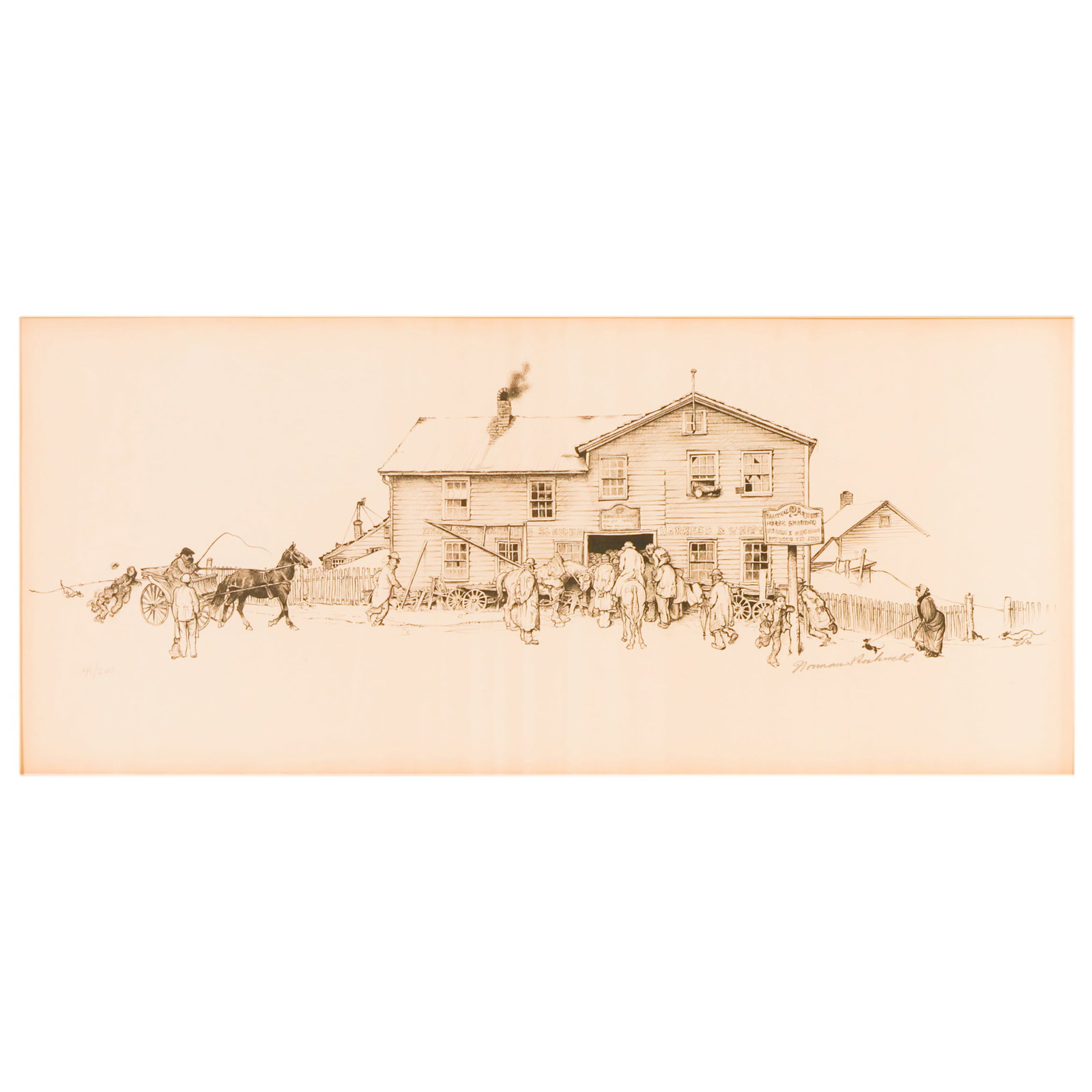 Rockwell 1894-1978 Blacksmith LE Lithograph SIGNED: Norman Rockwell (American, 1894-1978), Blacksmith Shop, limited edition lithograph on paper depicting a winter genre scene outside a rural blacksmith shop rendered in the artist's characteristic narra