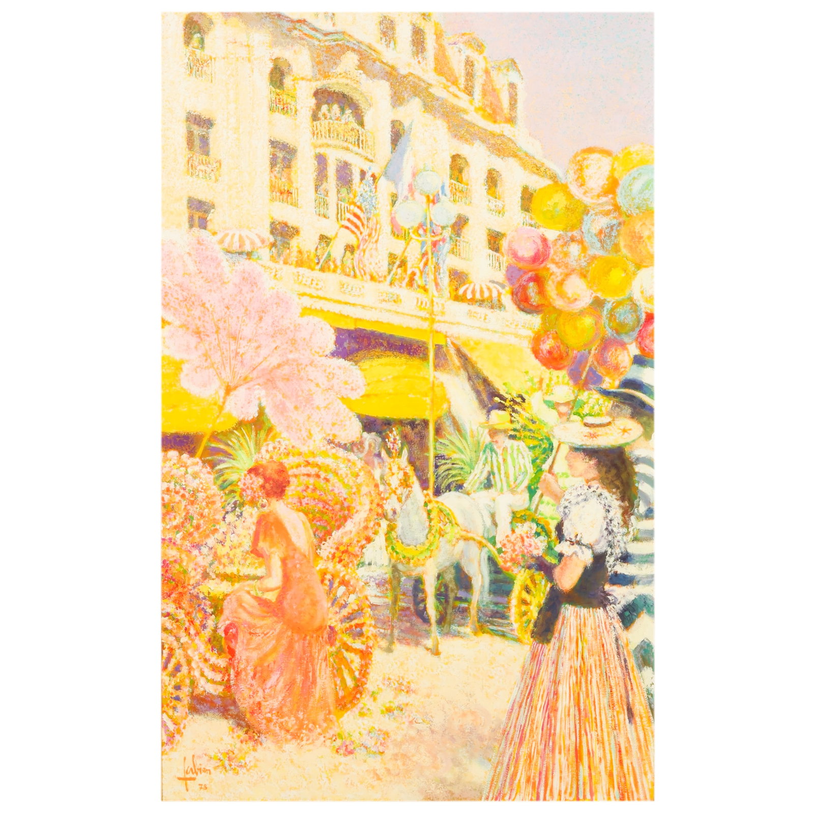 Louis Fabien 1924-2016 Busy Street Scene Painting: Louis Fabien (French, 1924-2016), oil on canvas depicting a street celebration with figures, floral displays, balloons, horse-drawn carriages, hotel architecture, flags, and balconies. The composition