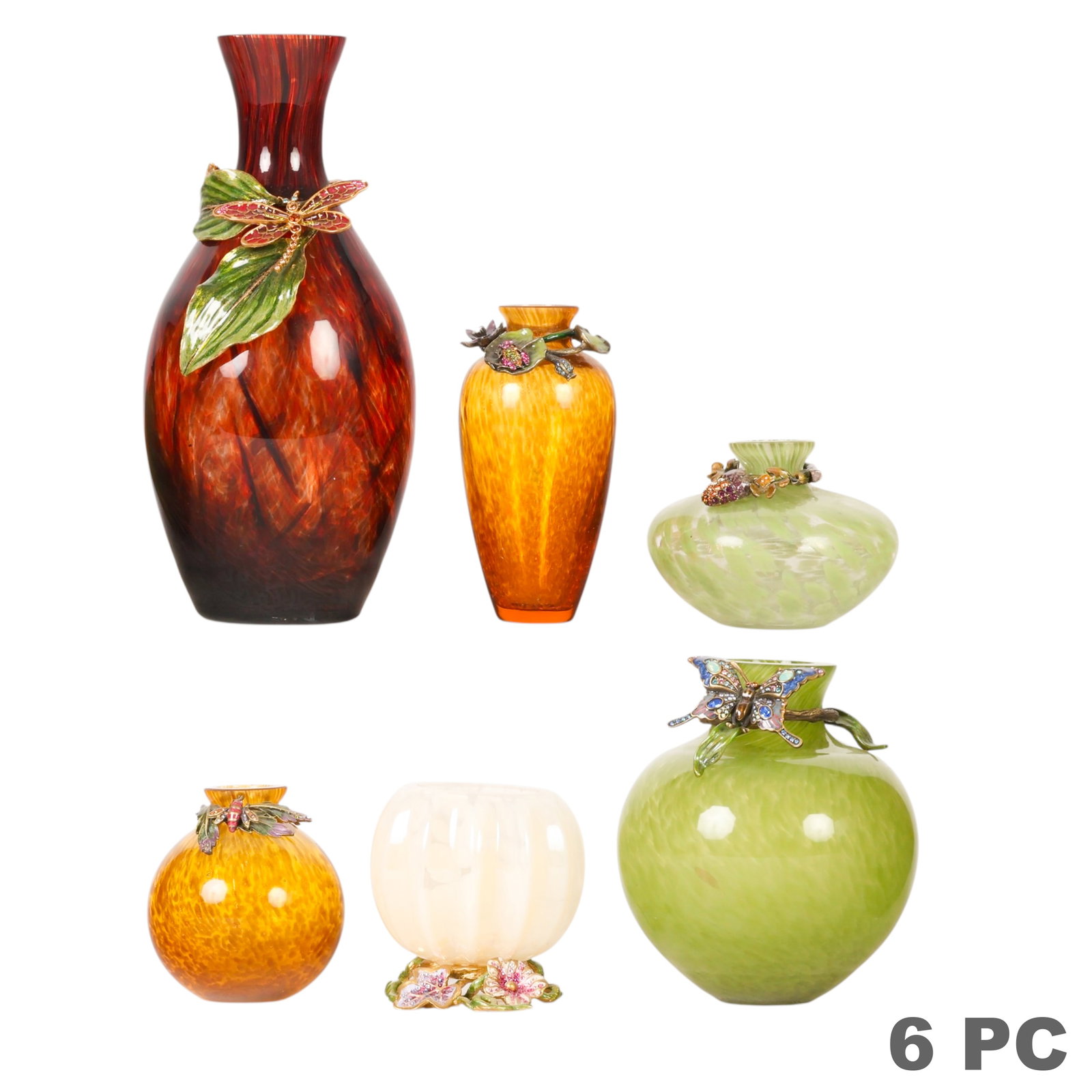 Jay Strongwater Swarovski Accented Glass Vase 6pc: Jay Strongwater lot of six art glass vases in varying forms and colors, each embellished with jeweled bronzed metal mounts featuring butterflies, dragonflies, florals, acorns, and insect motifs accent