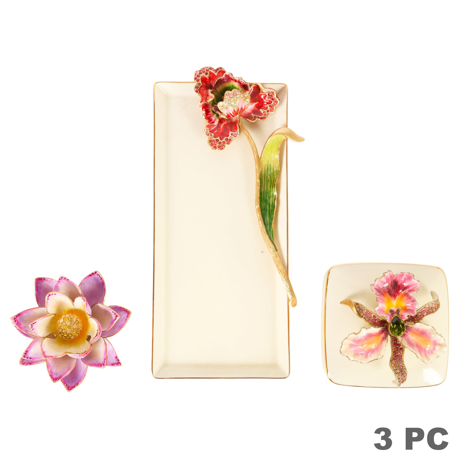 Jay Strongwater Porcelain Tray Box & Enamel Flower: Jay Strongwater lot of three decorative accessories comprising a porcelain rectangular tray with a jeweled floral accent handle, a covered porcelain box surmounted by a jeweled orchid blossom, and an 