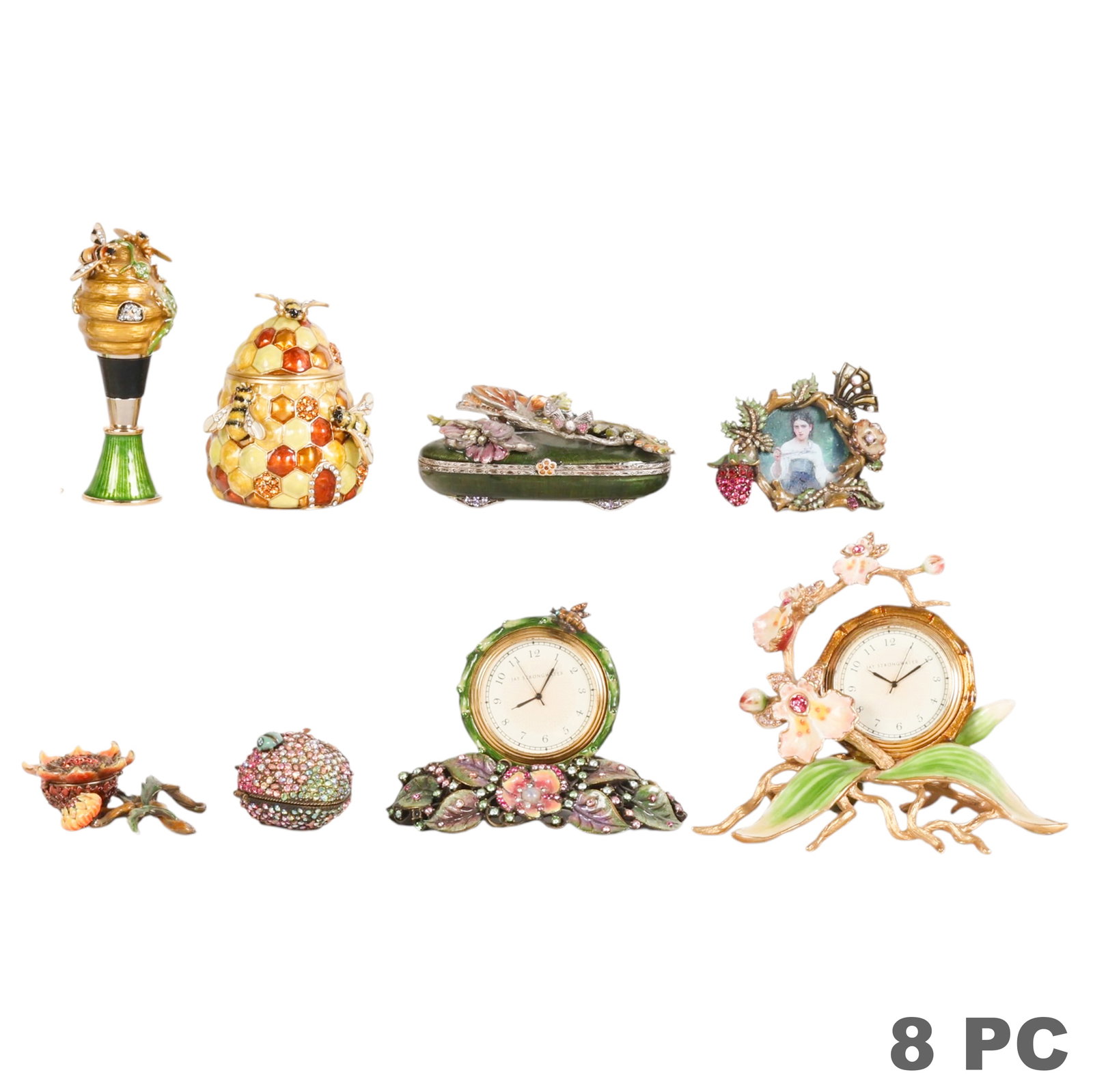 Jay Strongwater Frame Clocks Boxes & More 8pc LOT: Jay Strongwater estate collection of eight jeweled and enameled decorative accessories including two miniature desk clocks, a beehive-form trinket box, a floral trinket box, a strawberry-form trinket 