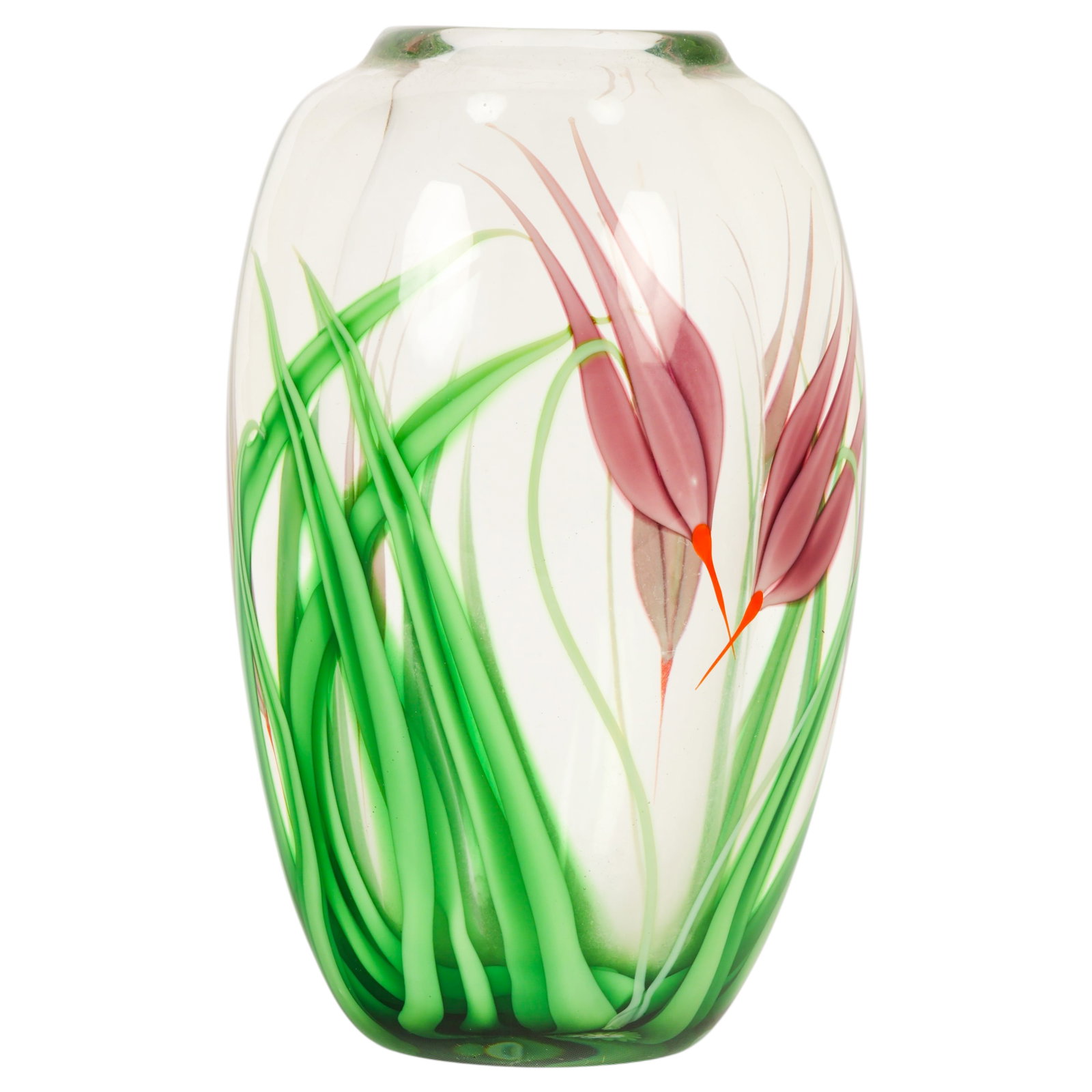 Orient and Flume Studio Art Glass Tulip Flora Vase: Orient & Flume hand-blown art glass vase featuring pink tulip blossoms and green foliage encased within clear glass. Executed in the California studio's signature floral style. Marked Orient & Flume. 