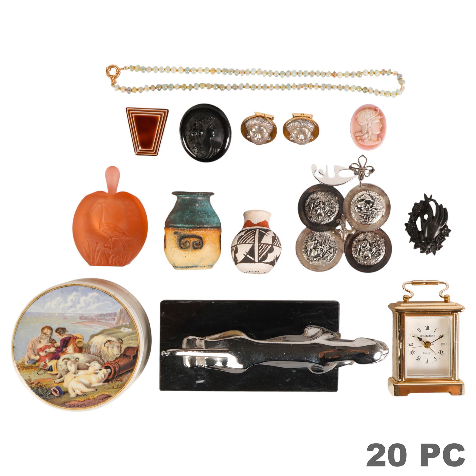 Jewelry Desk Clock Pottery & More Estate LOT 20pc.: Estate collection of twenty vintage jewelry, desk accessories, pottery, and decorative objects. The group includes a chrome Jaguar hood ornament mounted on a marble base, a Brookstone miniature brass-