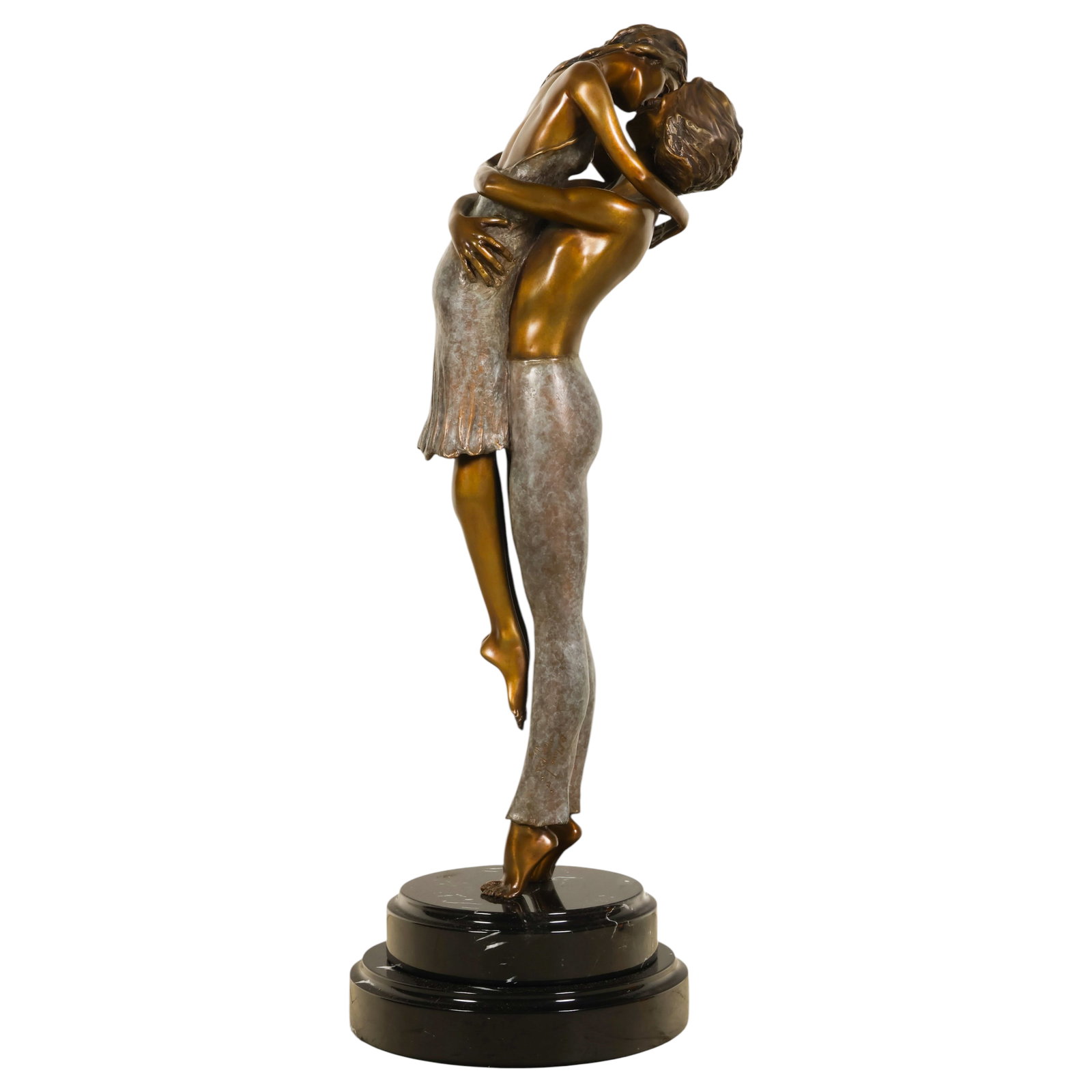 Mario Jason b.1938 Kissing Couple Bronze Sculpture: Mario Jason (Argentinian/American, born 1938), The Kiss, patinated bronze sculpture depicting a dancing couple in a romantic embrace and kiss. The composition features contrasting warm bronze and verd