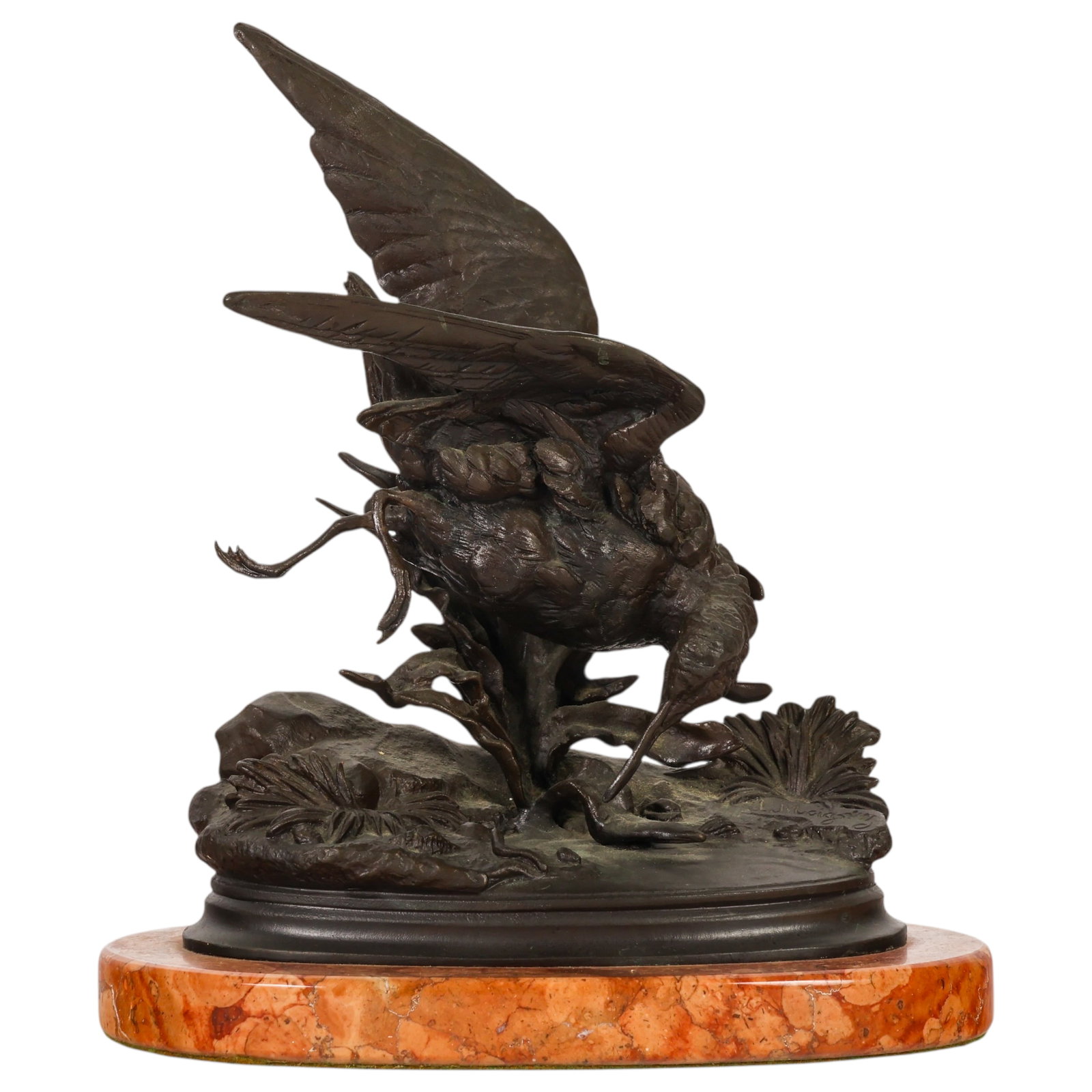 Jules Moigniez 1835-1894 Sandpiper Bronze Statue: Jules Moigniez (French, 1835-1894), A Sandpiper Hunting" bronze sculpture depicting a dynamic game bird with outstretched wings in a naturalistic landscape setting. The work features finely cast feath