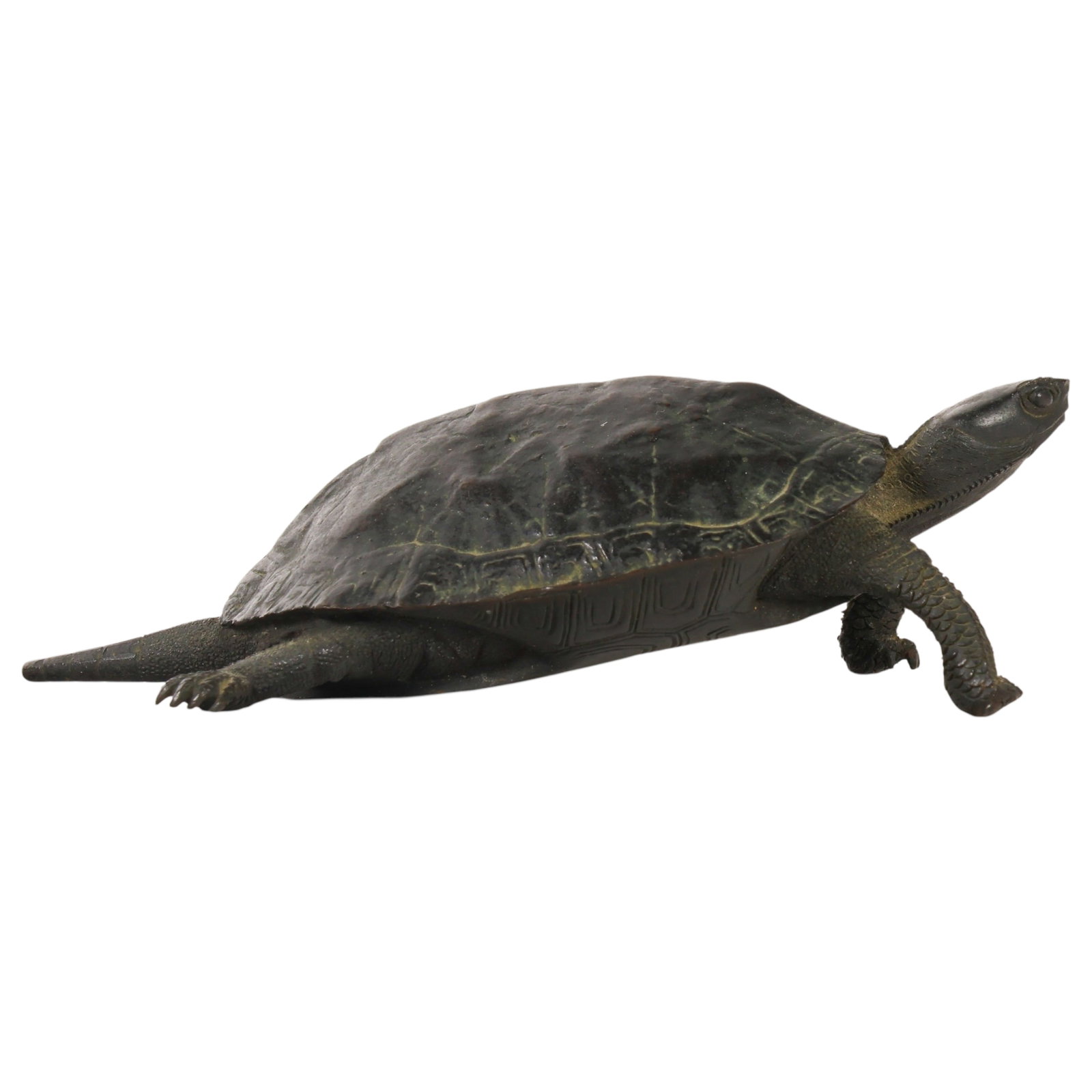 Japanese Meiji Period Bronze Baby Turtle Sculpture: Japanese Meiji period bronze Tortoise sculpture. The figure is finely cast in a naturalistic form with detailed texturing to the shell, scales, and facial features. The underside retains an impressed 