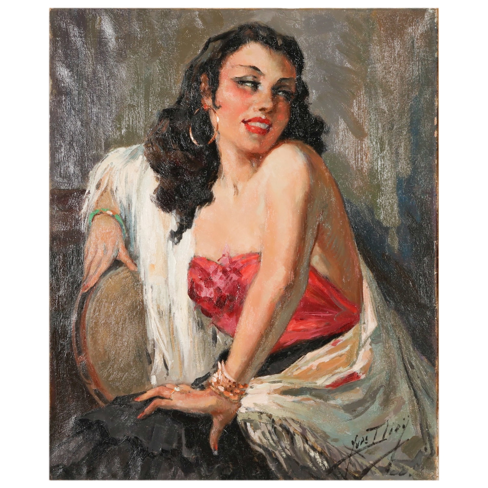 Yves Diey 1892-1984 Girl in Pink Portrait Painting: Yves Diey (French, 1892-1984), oil on canvas painting depicting an elegant seated woman adorned with hoop earrings, bracelets, and a pink bodice with a draped white shawl. The expressive composition i