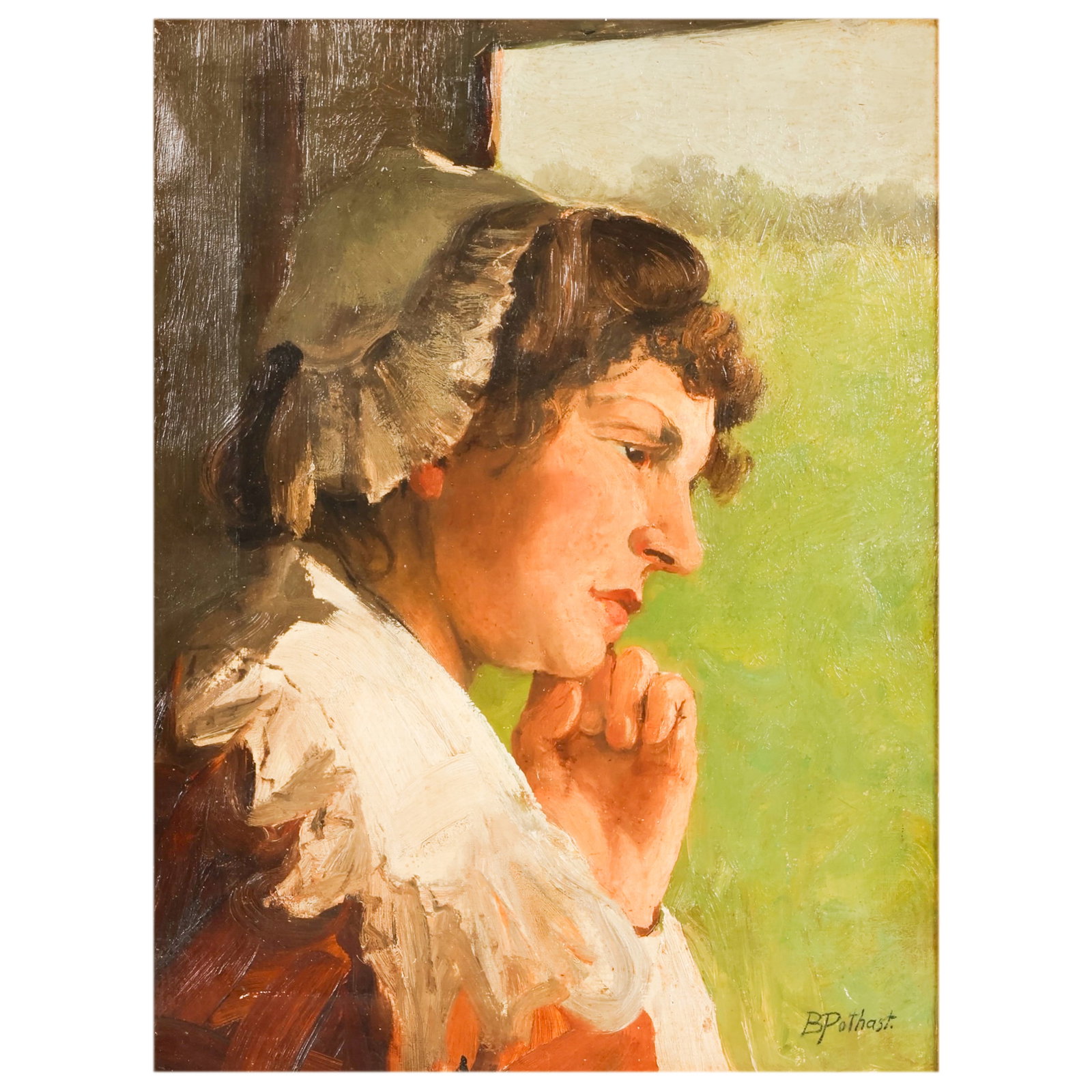 Bernard Pothast 1882-1966 Profile of Lady Painting: Bernard (Bernhard) Pothast (Dutch, 1882-1966), oil on canvas portrait painting depicting a contemplative young woman in profile, rendered in soft muted tones with expressive brushwork characteristic o