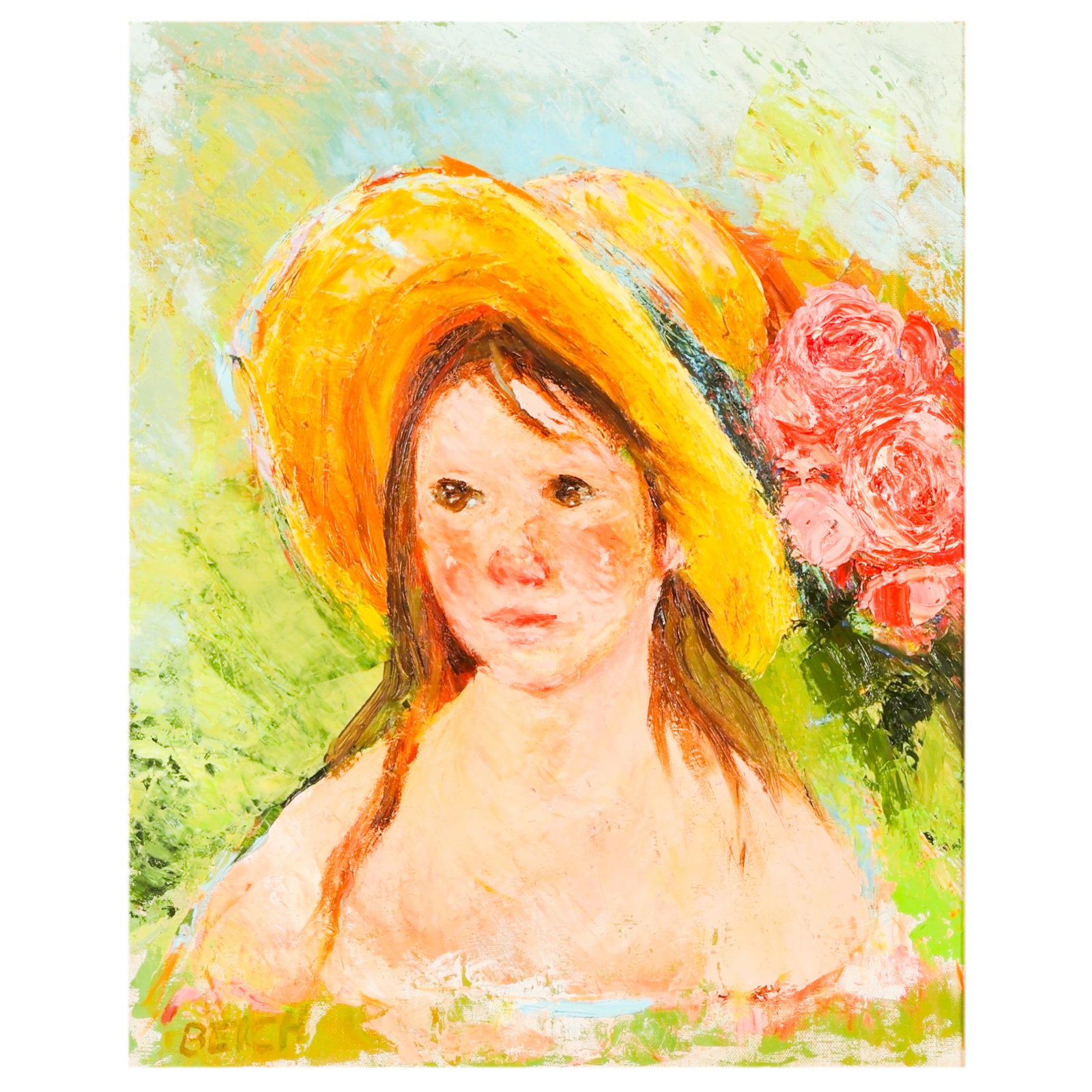 Mary Beich 1917-2002 Girl in Hat Portrait Painting: Mary Beich (American, 1917-2002), oil on canvas portrait painting depicting a young girl wearing a yellow sun hat before a garden landscape with blooming roses. Executed in an Impressionist manner wit