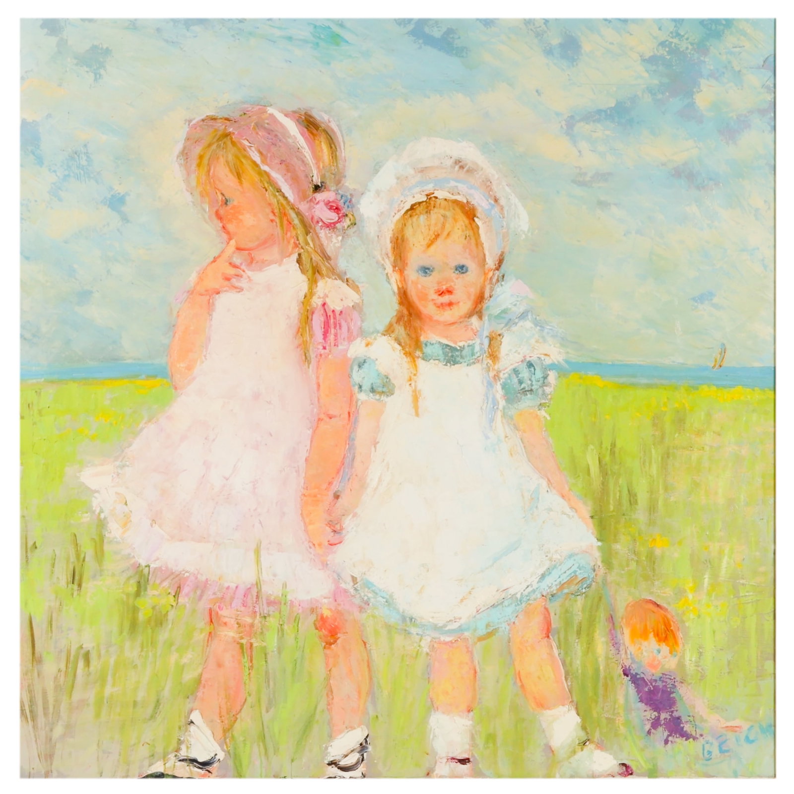 Mary Beich 1917-2002 Children in Meadow Painting: Mary Beich (American, 1917-2002), oil on canvas depicting two young girls in pastel dresses standing in a grassy meadow beneath a bright blue sky, accompanied by a small doll figure at lower right. Re