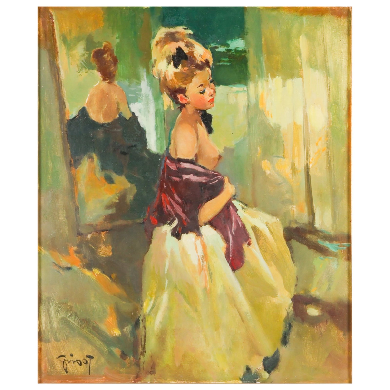 Pierre Grisot 1911-1995 Semi Nude Woman Painting: Pierre Grisot (French, 1911-1995), oil on canvas painting depicting a fashionable semi-nude young woman adjusting a shawl before a mirror in an interior setting. Rendered in an expressive Impressionis