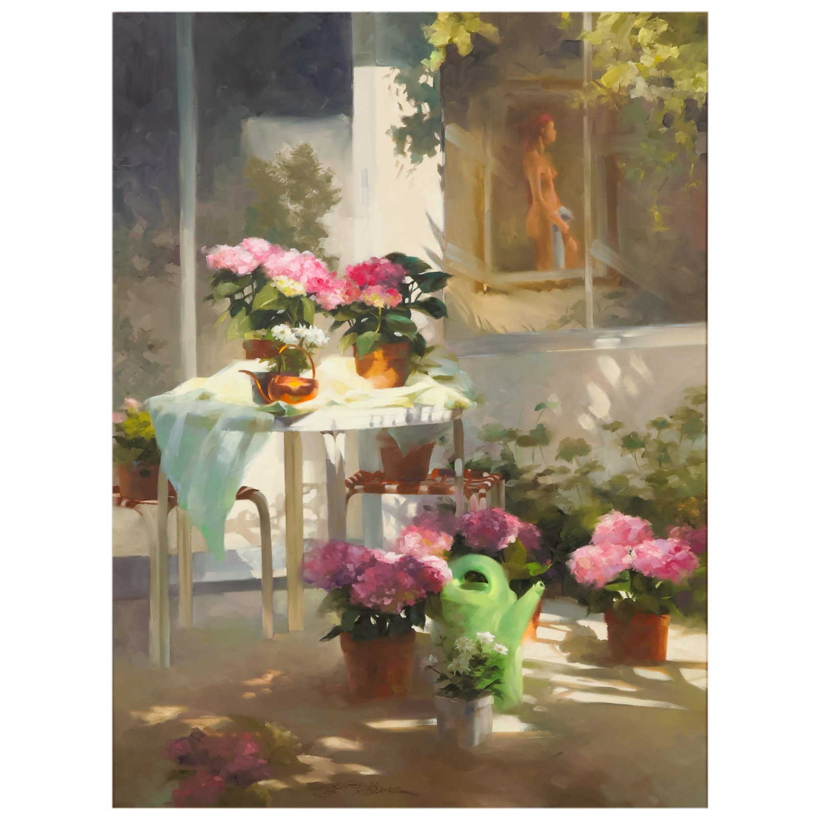Figural Nude Girl in Garden Scene Painting SIGNED: Italian School style oil on canvas depicting a conservatory interior with flowering hydrangeas arranged on and around a table. In the background, a female nude figure stands within an open doorway par
