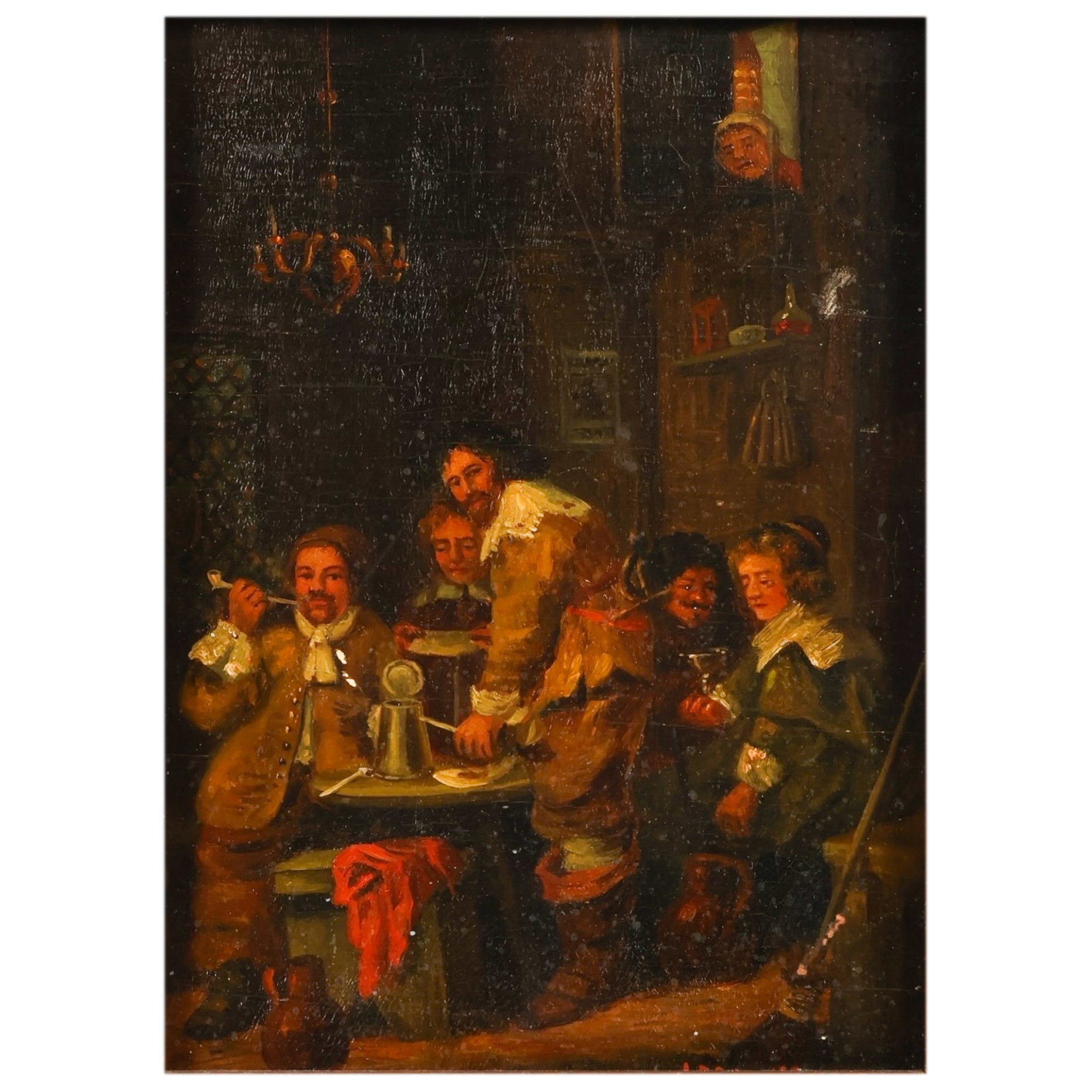 Adriaen Brouwer 1605-1638 Flemish Tavern Painting: Adriaen Brouwer (Flemish, 1605-1638), oil painting on wood panel depicting a lively tavern interior scene with figures gathered around a table within a dimly lit setting. Rendered in the Dutch and Fle