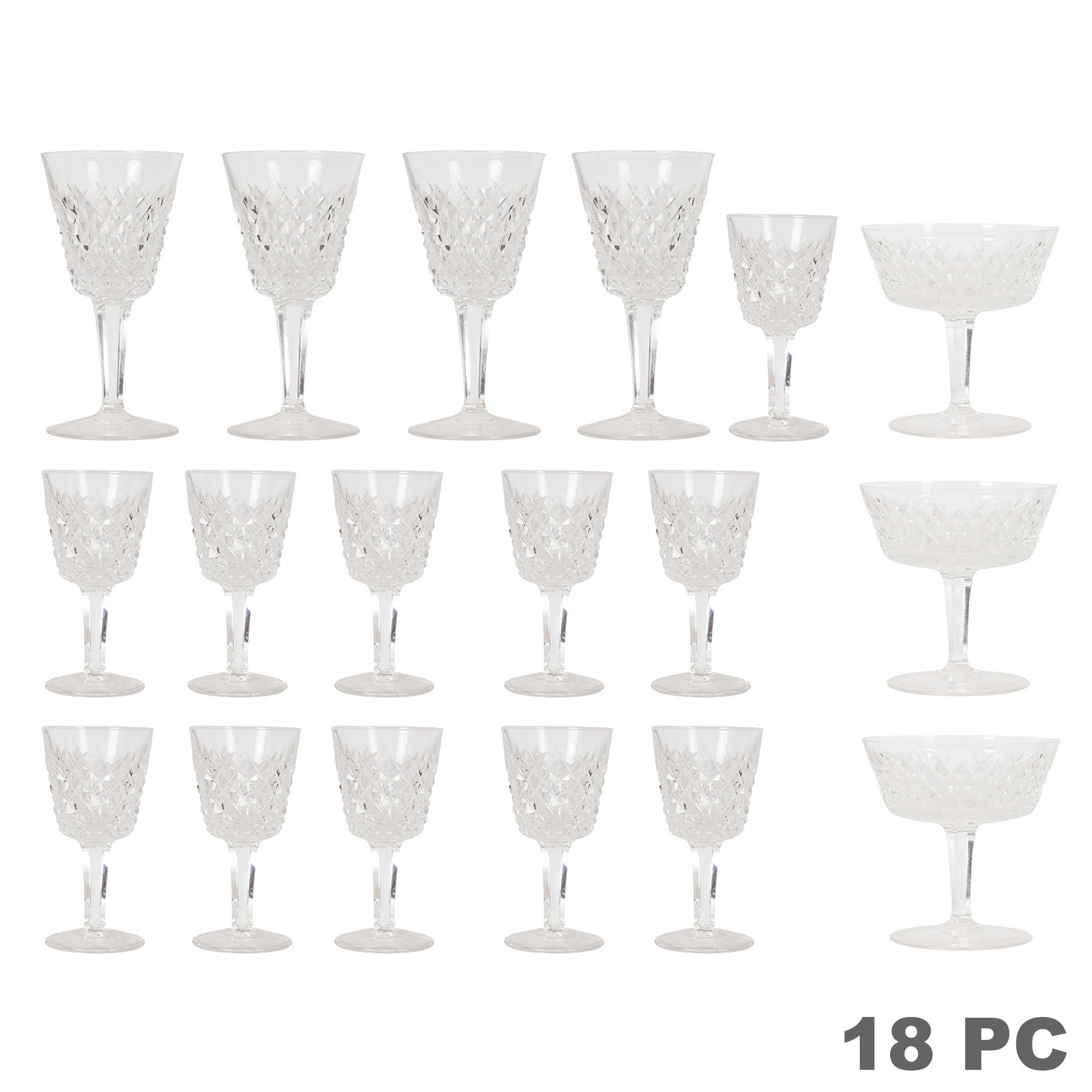 Waterford Alana Champagne Wine & Cordials 18pc LOT: Waterford Irish Crystal eighteen-piece stemware group in the Alana pattern. Featuring Waterford's signature vertical and crosshatched diamond-cut design. Comprising three champagne flutes (4.25"), fou