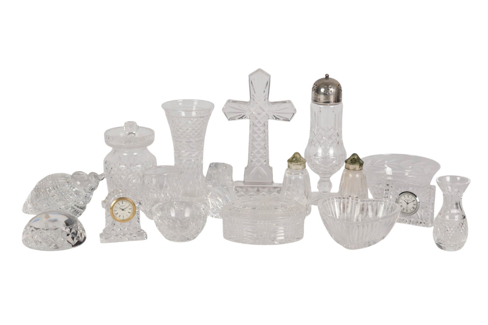 Waterford Crystal Vase Bowl Owl Clock & More 17pc: Lot of seventeen assorted Waterford crystal decorative items. The collection includes salt and pepper shakers, sugar shaker, covered jar, oval covered box, two vases, creamer and sugar shaker, round b