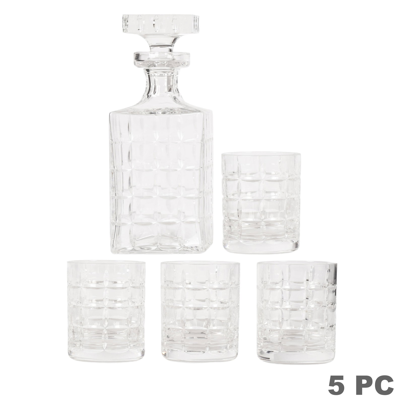 Faberge Crystal Ribbon Whiskey Decanter Glass SET: Faberge Ribbon Whiskey Set comprising a crystal decanter and four matching double old-fashioned glasses, accompanied by a certificate card. Each piece features an allover geometric ribbon-cut pattern 
