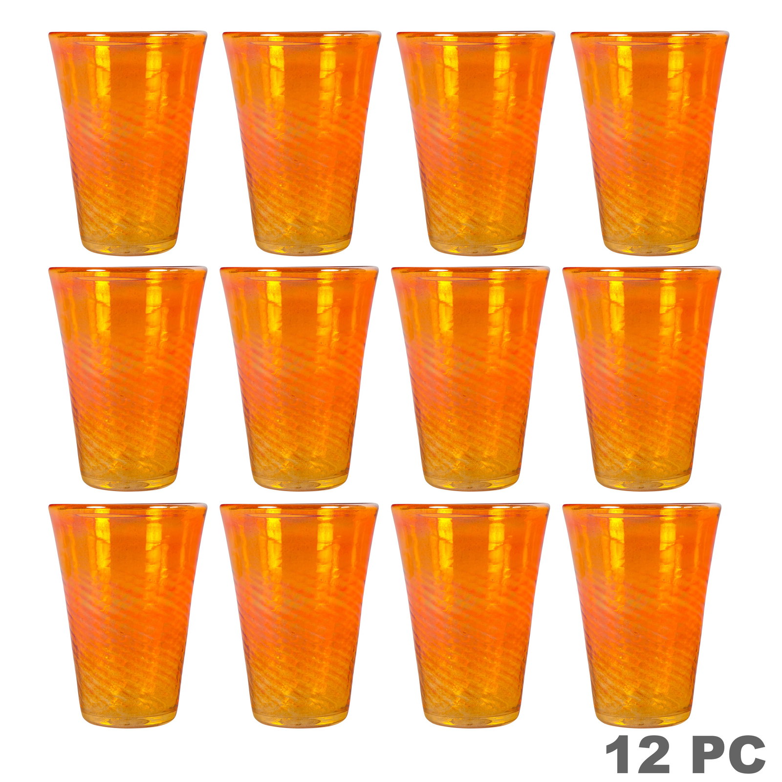 Rick Strini Aurene Gold Studio Art Glass 12pc SET: Rick Strini studio art glass drinking glasses comprising twelve matching tumblers in a golden-orange iridescent Aurene-style finish. Each features a subtly tapered cylindrical form with textured surfa