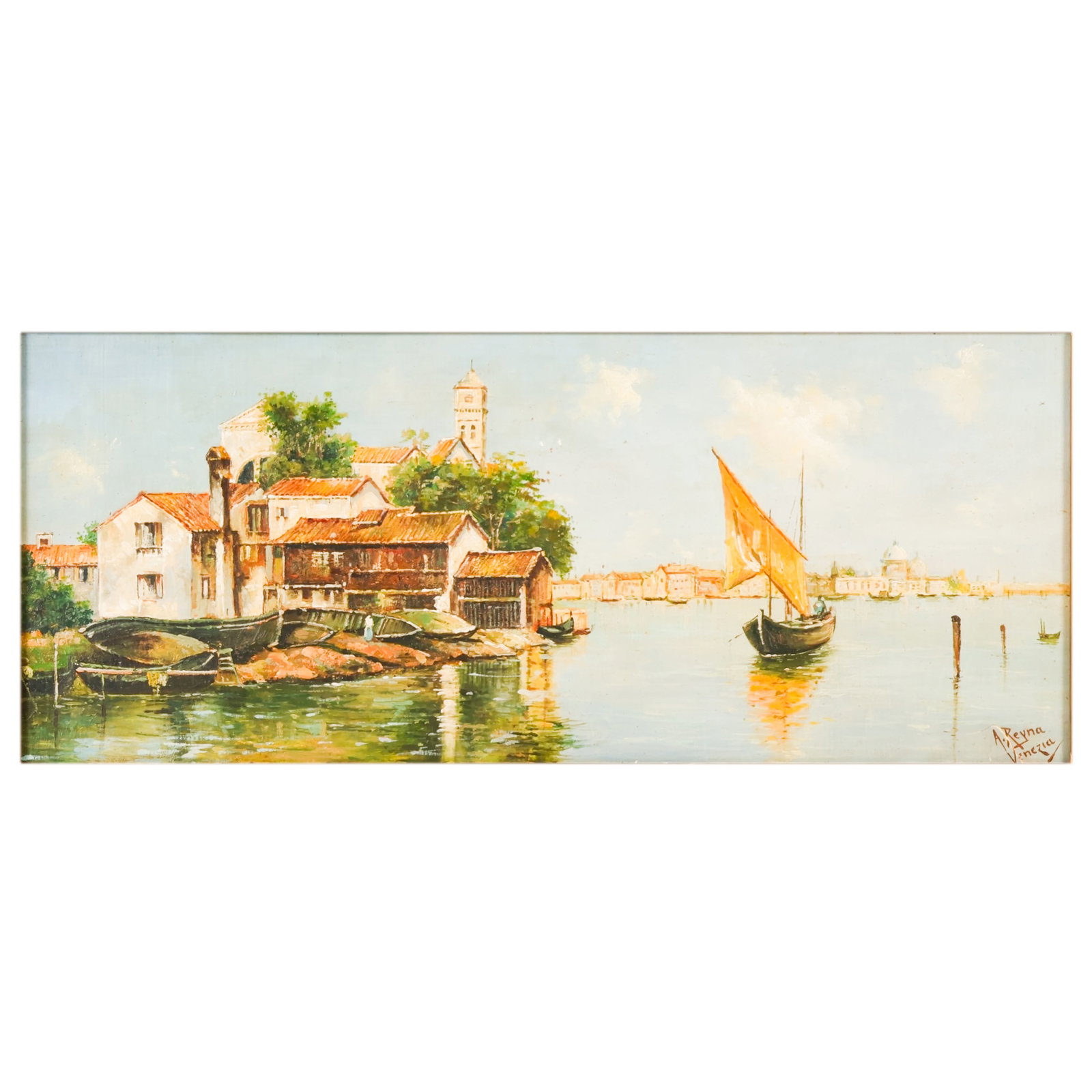 Antonio Maria de Reyna 1859-1937 Venetian Painting: Antonio Maria de Reyna (Italian, 1859-1937), antique Venetian canal scene oil on board. The detailed composition depicts a tranquil waterfront with sailboats, historic Venetian architecture, and refle