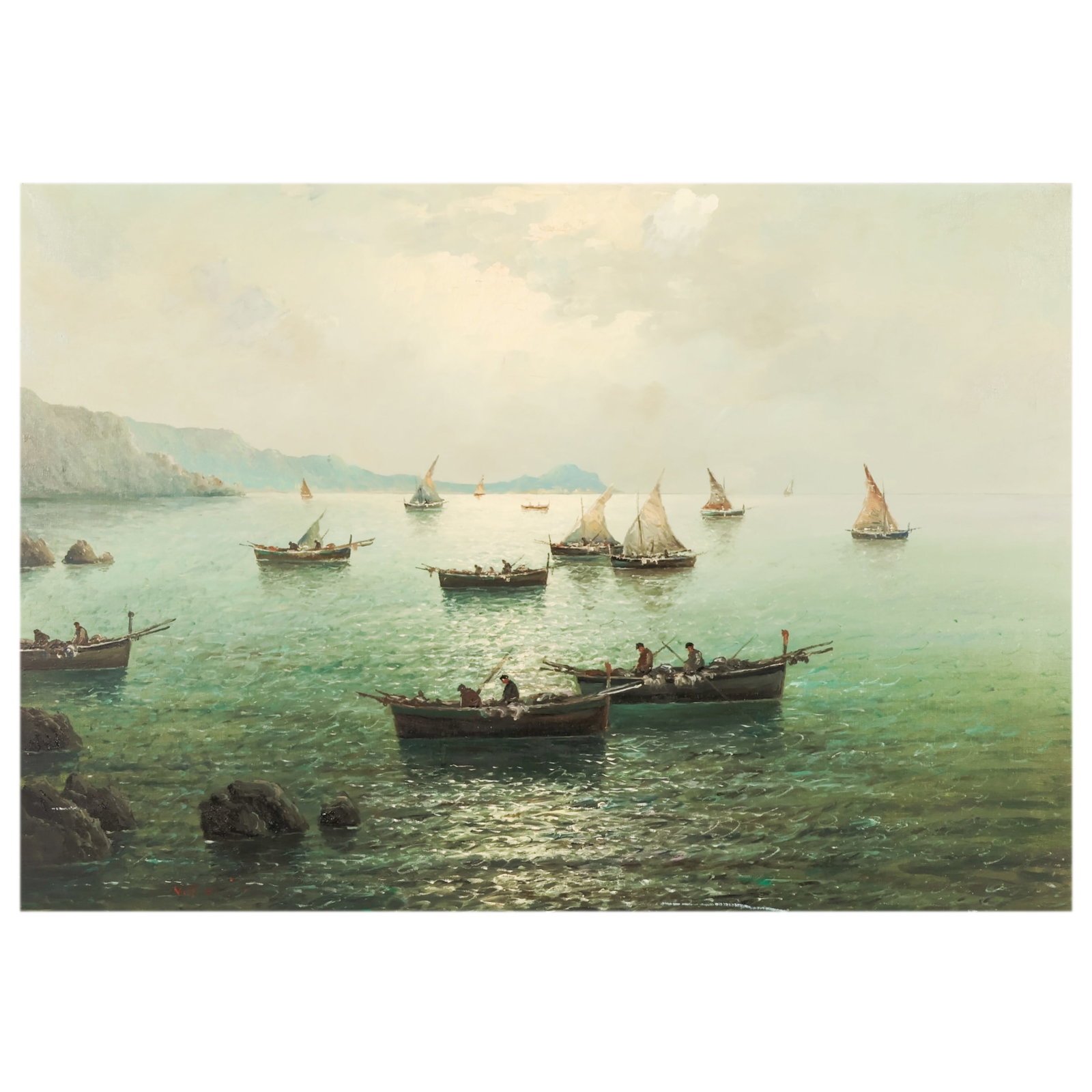 Vincenzo D'Auria 1872-1939 Harbor Scene Painting: Vincenzo DAuria (Italian, 1872-1939), antique seascape oil painting on canvas depicting fishermen and sailing vessels upon calm reflective waters beneath a luminous sky. The atmospheric composition fe