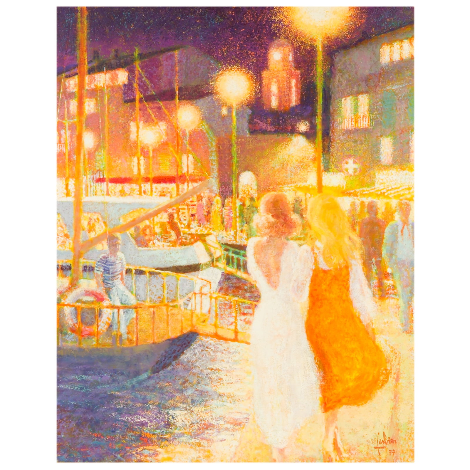 Louis Fabien 1924-2016 Night Harbor Scene Painting: Louis Fabien (French-American, 1924-2016), oil on canvas depicting a night harbor scene with two women strolling along a brightly illuminated waterfront promenade beside moored boats and a bustling ma